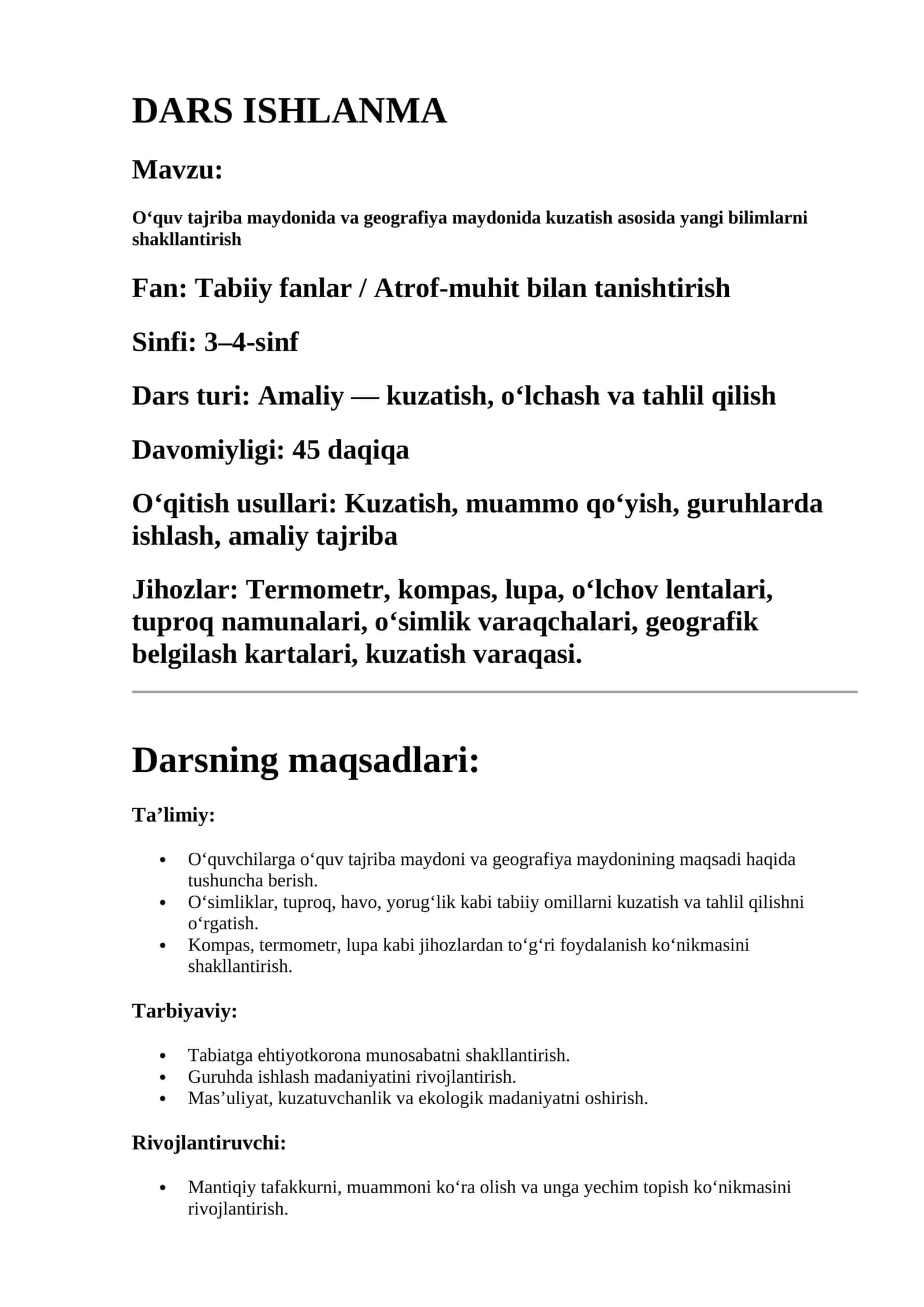 O‘quv tajriba maydonida va geografiya maydonida kuzatish asosida yangi bilimlarni shakllantirish