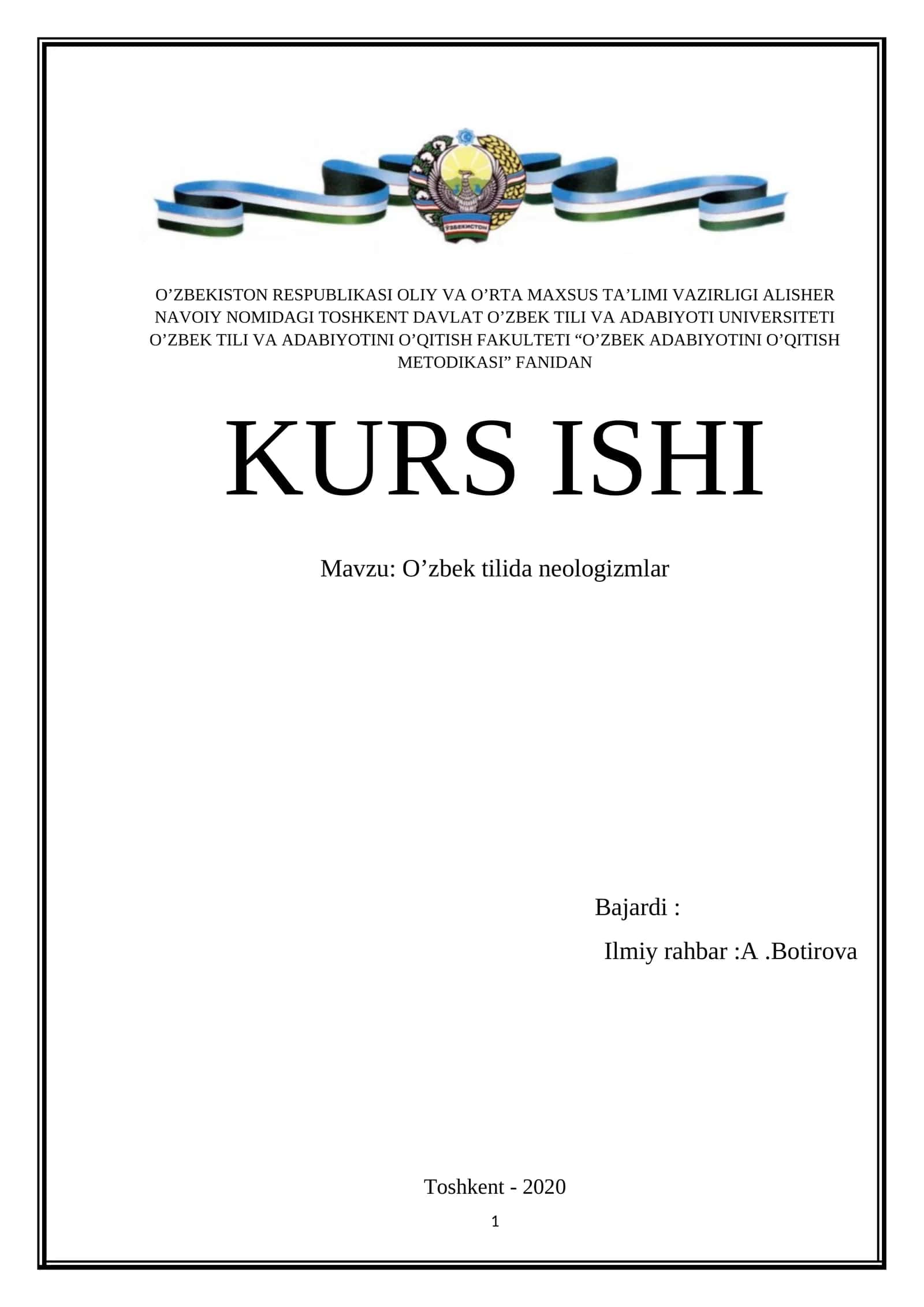 O’zbek tilida neologizmlar kurs ishi