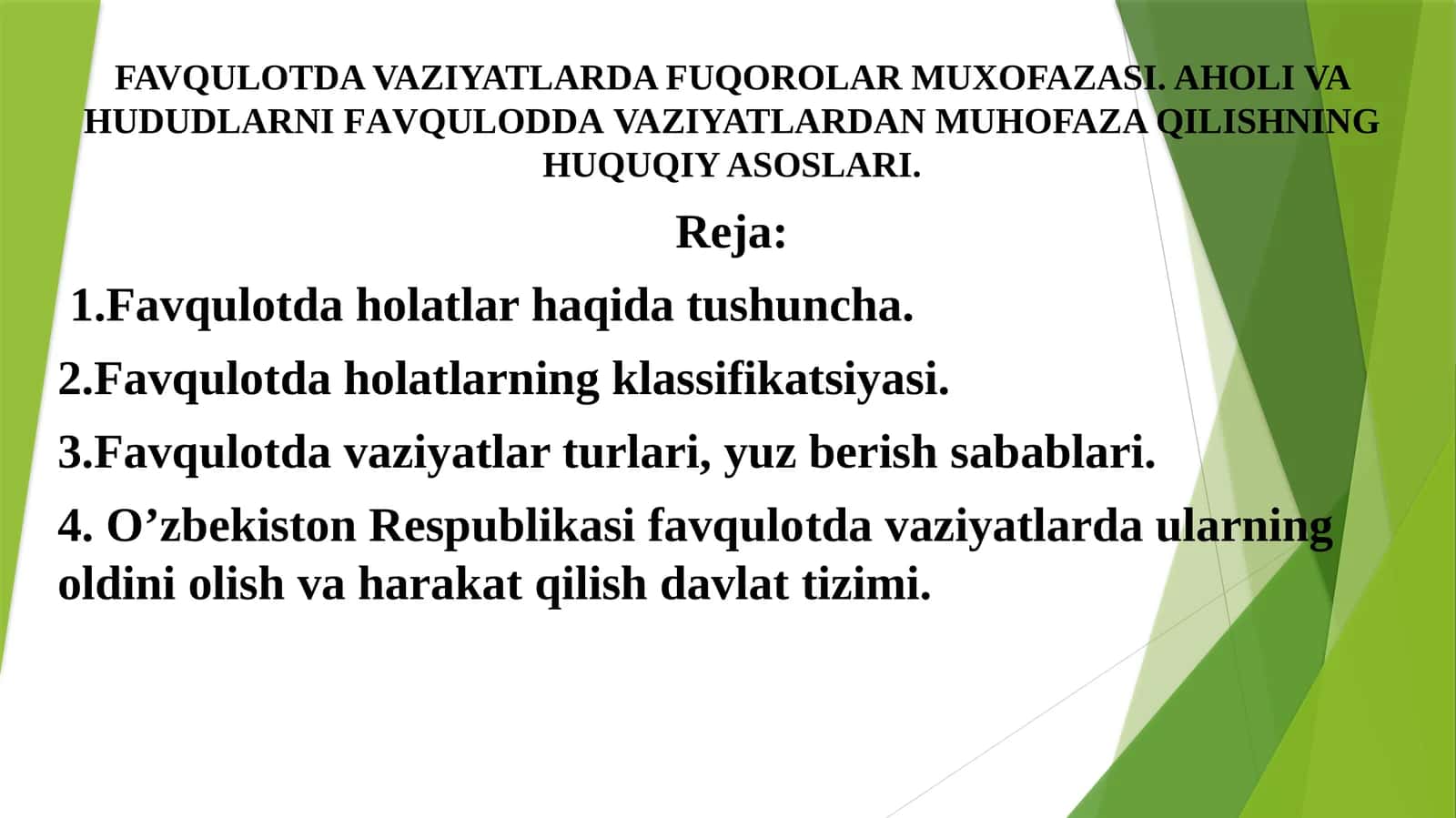 FAVQULOTDA VAZIYATLARDA FUQOROLAR MUXOFAZASI. AHOLI VA HUDUDLARNI FАVQULОDDА VAZIYATLARDAN MUHOFAZA QILISHNING HUQUQIY ASOSLARI