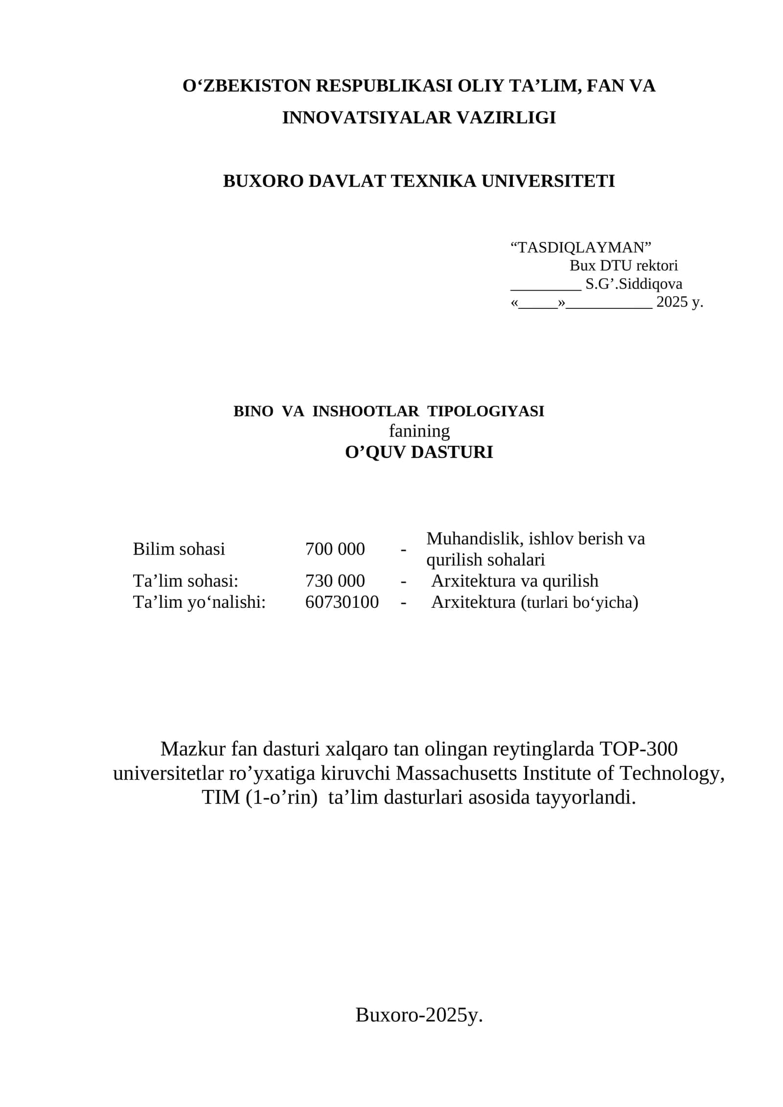 BINO VA INSHOOTLAR TIPOLOGIYASI fanining O’QUV DASTURI