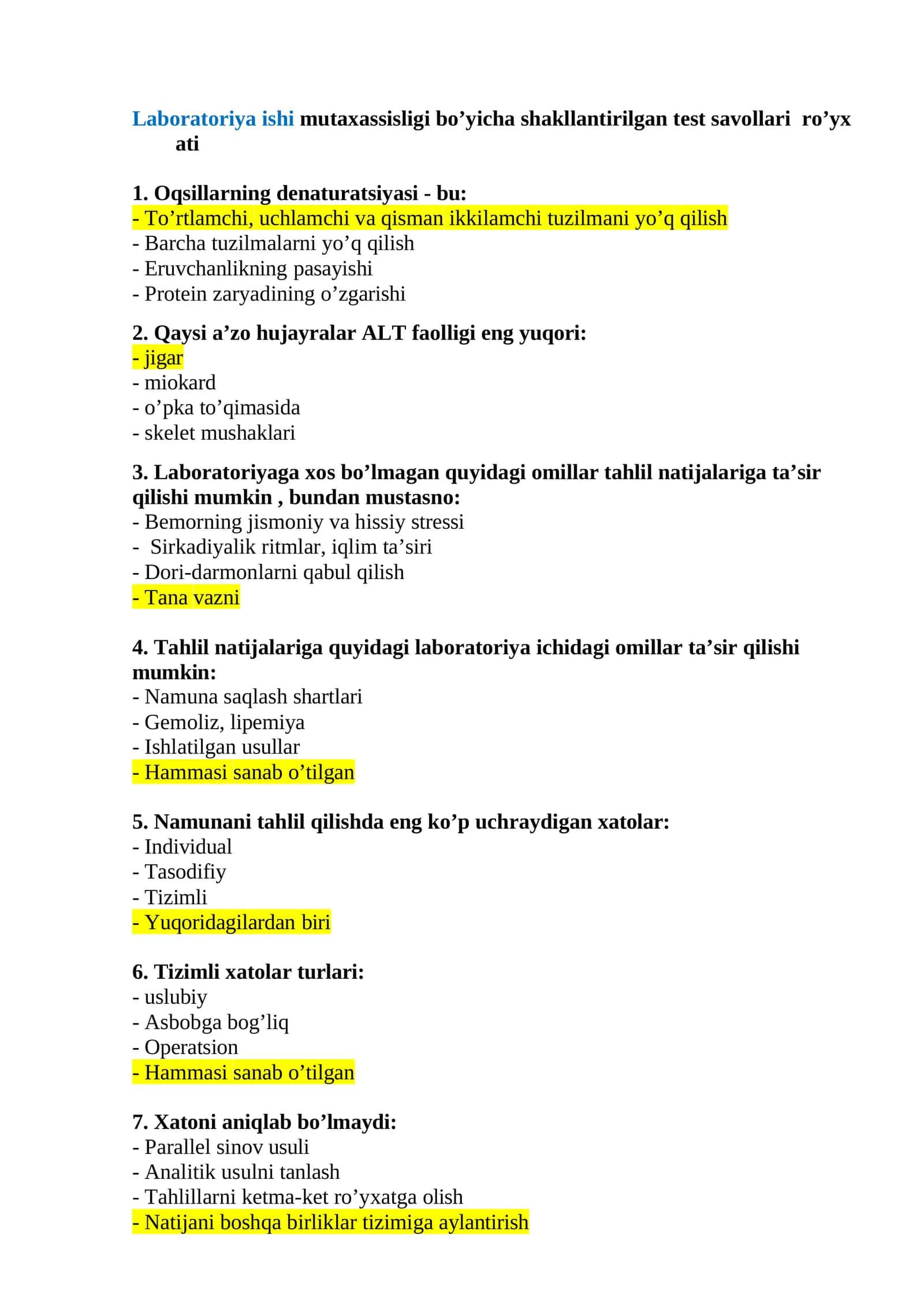 Laboratoriya ishi mutaxassisligi bo’yicha shakllantirilgan test savollari ro’yx ati