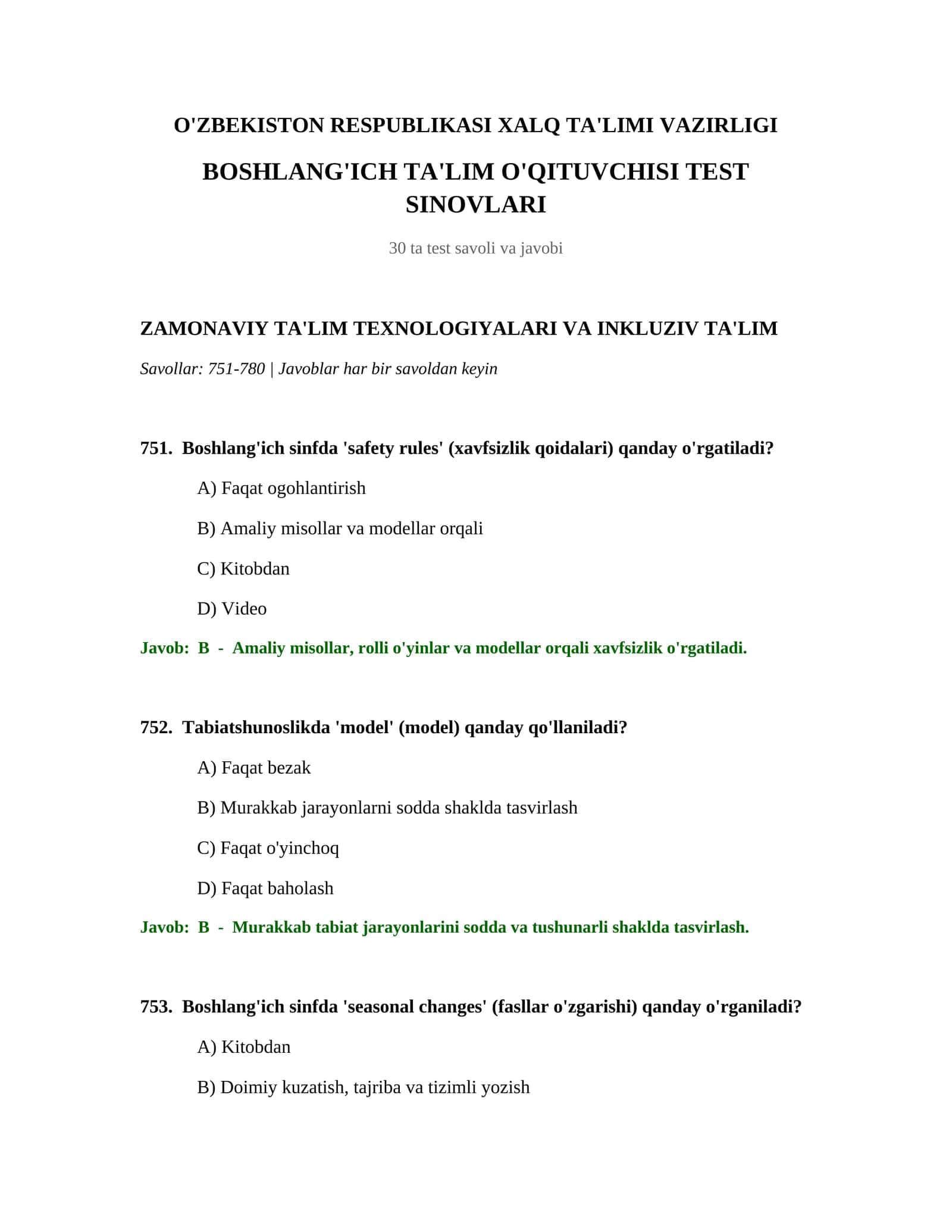 BOSHLANG'ICH TA'LIM O'QITUVCHISI TEST SINOVLARI