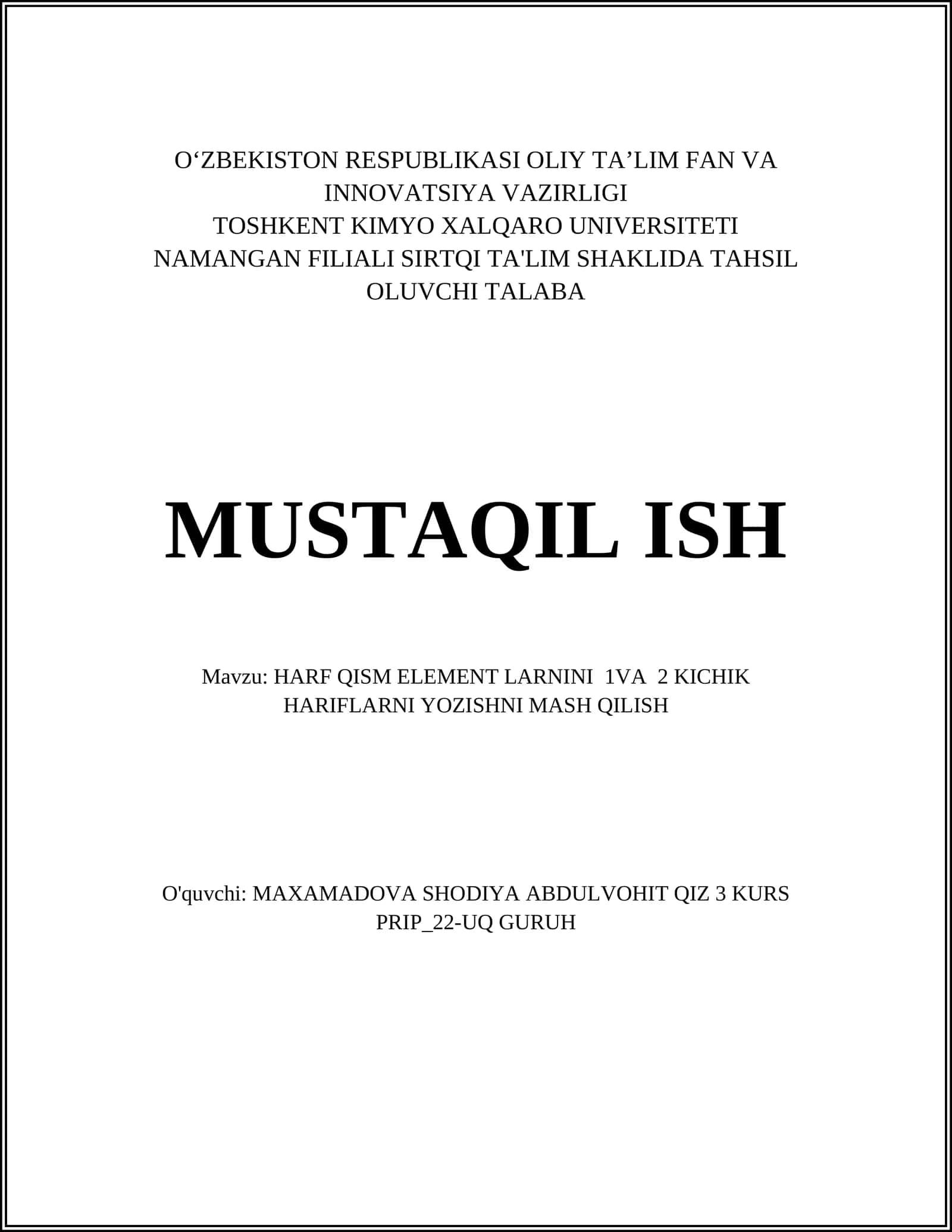 HARF QISM ELEMENT LARNINI 1VA 2 KICHIK HARIFLARNI YOZISHNI MASH QILISH