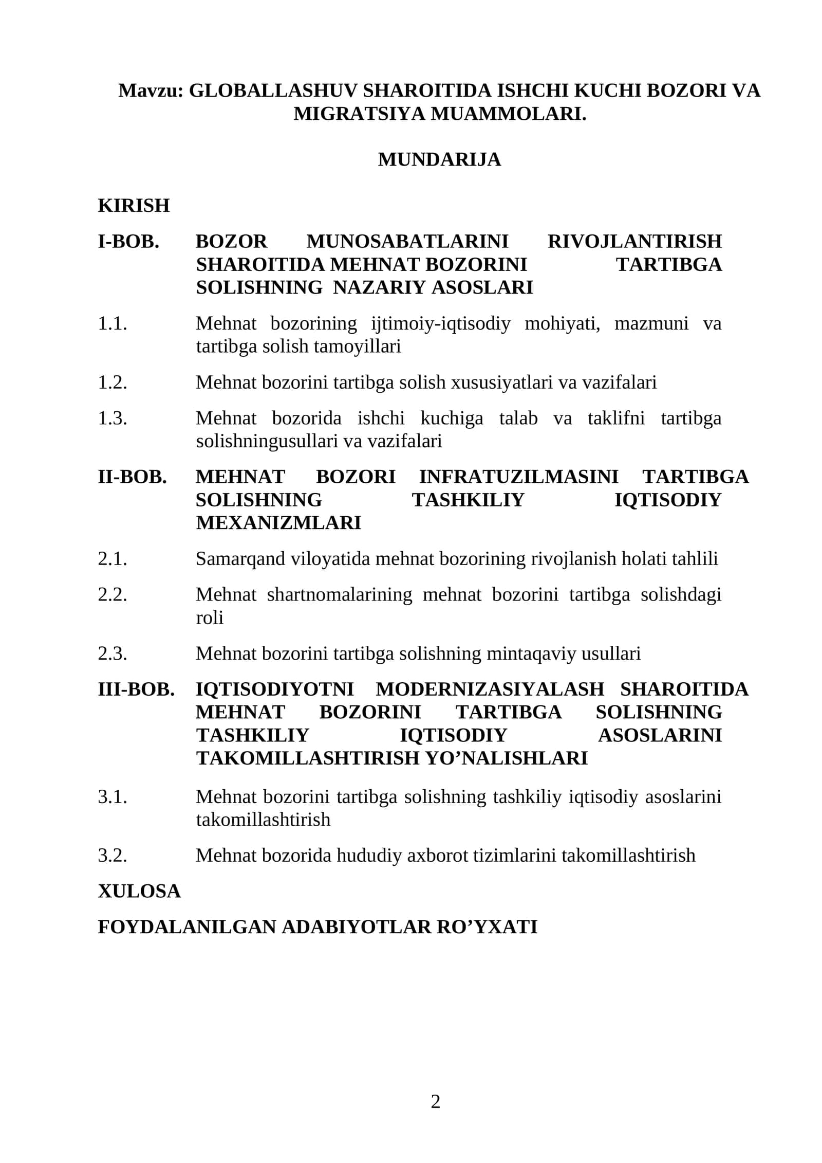 GLOBALLASHUV SHAROITIDA ISHCHI KUCHI BOZORI VA MIGRATSIYA MUAMMOLARI