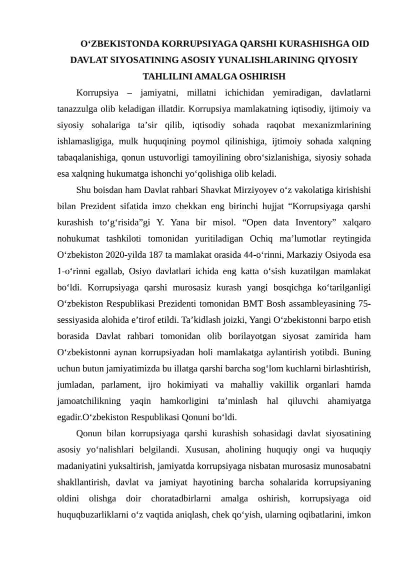 Korrupsiyaga qarshi kurashishga oid davlat siyosati