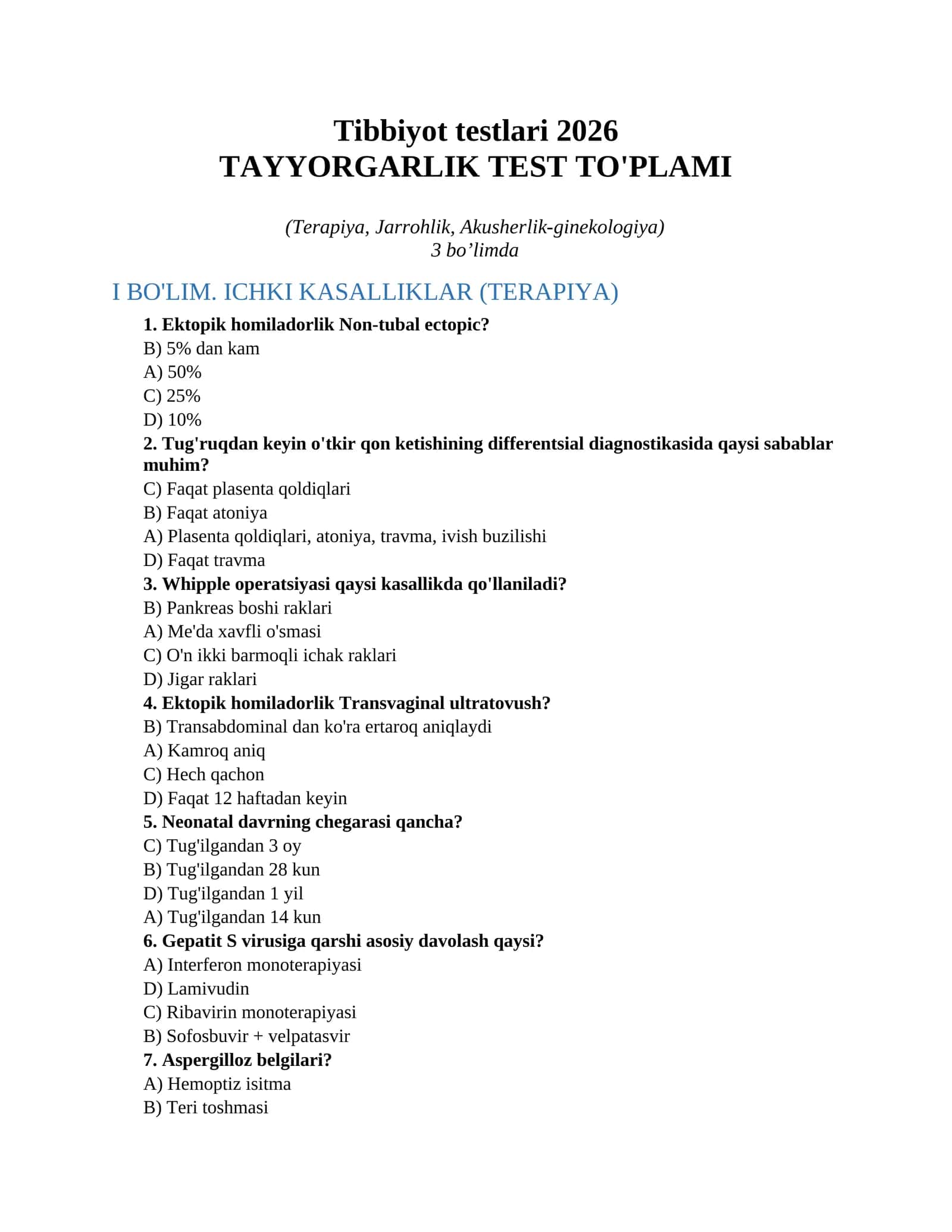 Tibbiyot testlari 2026
