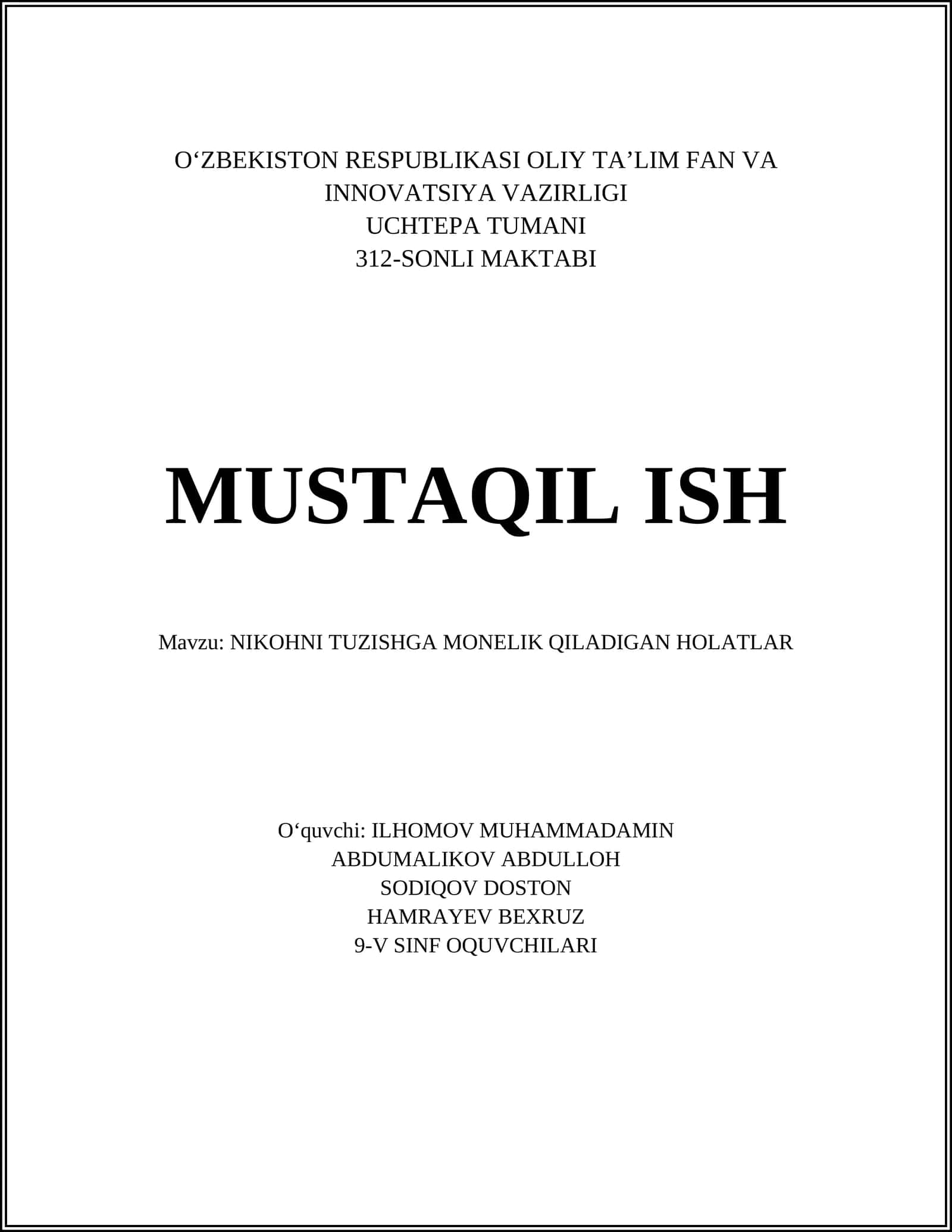 NIKOHNI TUZISHGA MONELIK QILADIGAN HOLATLAR
