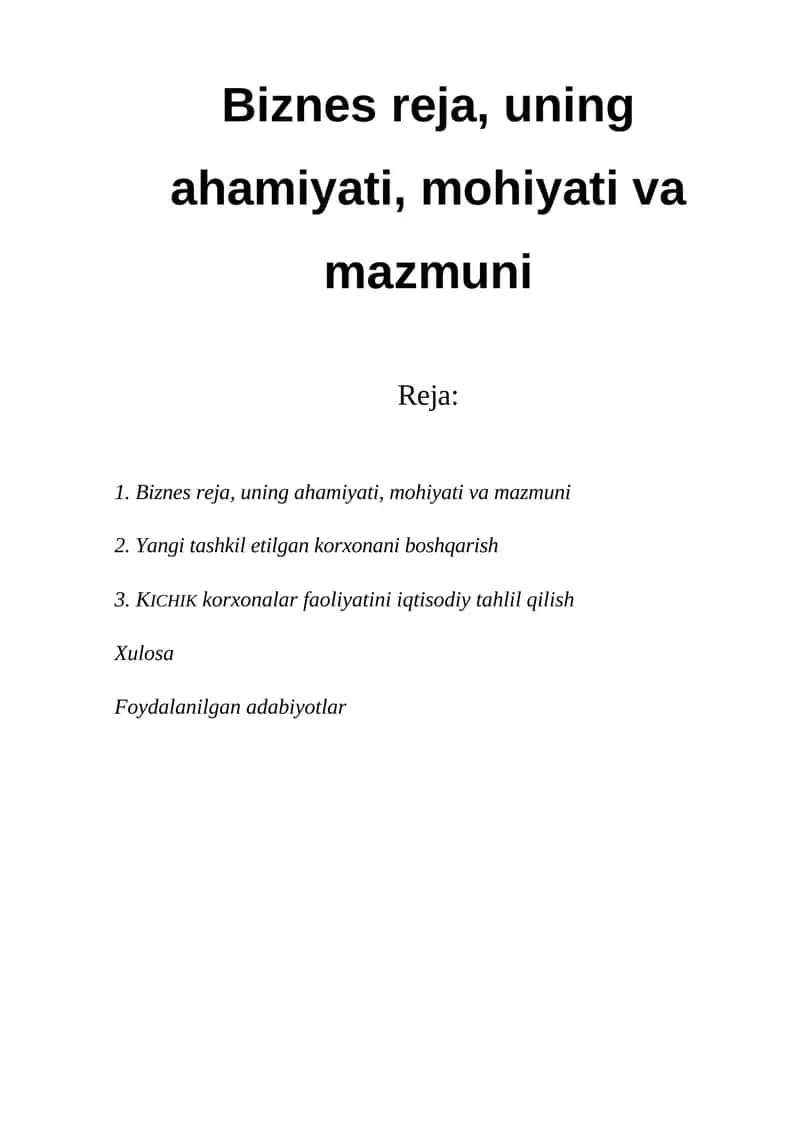 Biznes reja, uning ahamiyati, mohiyati va mazmuni