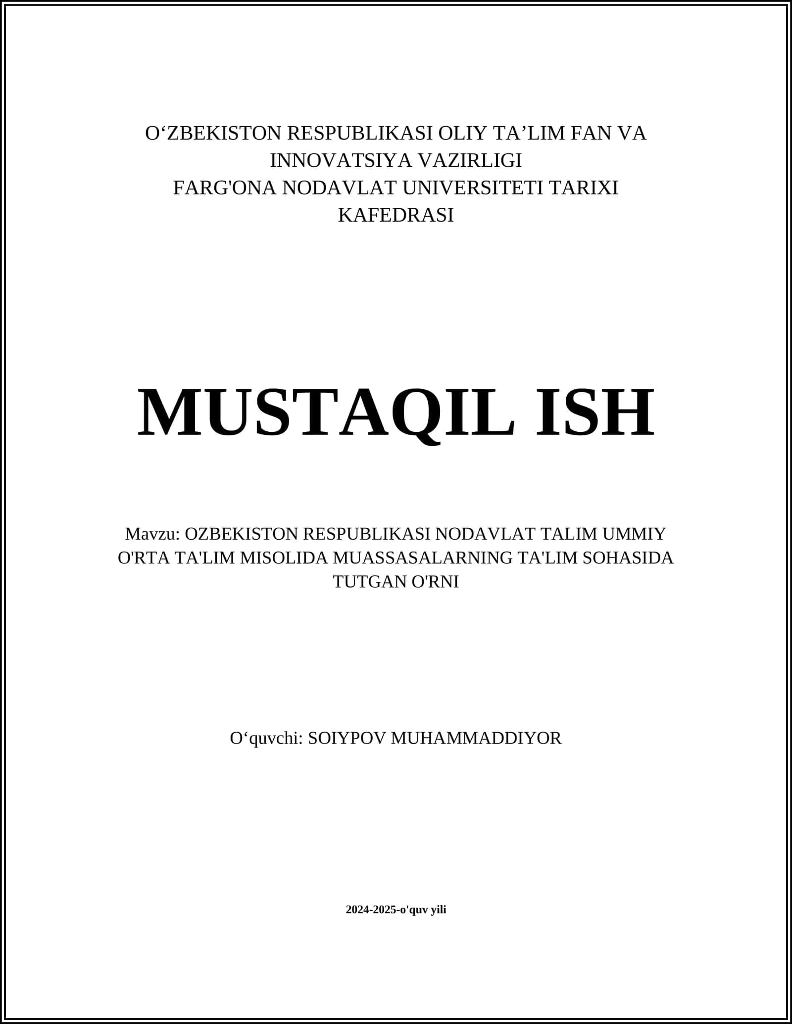 O‘ZBEKISTON RESPUBLIKASI NODAVLAT TALIM UMMIY O'RTA TA'LIM MISOLIDA MUASSASALARNING TA'LIM SOHASIDA TUTGAN O'RNI