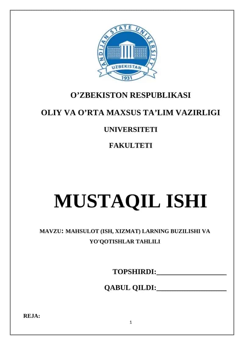 Mahsulot (Ish, Xizmat) Larning Buzilishi va Yo'qotishlar Tahlili