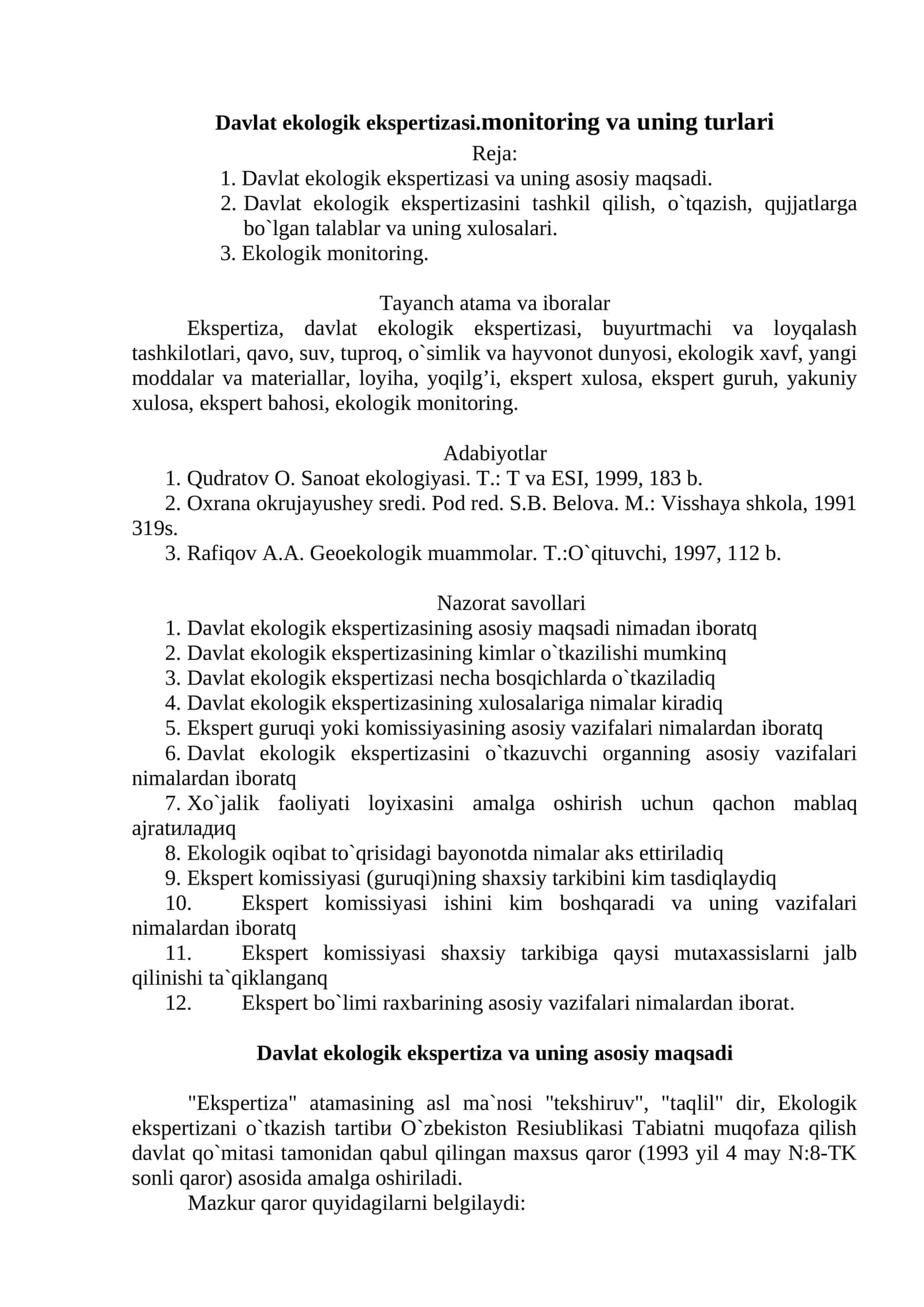 Davlat ekologik ekspertizasi.monitoring va uning turlari