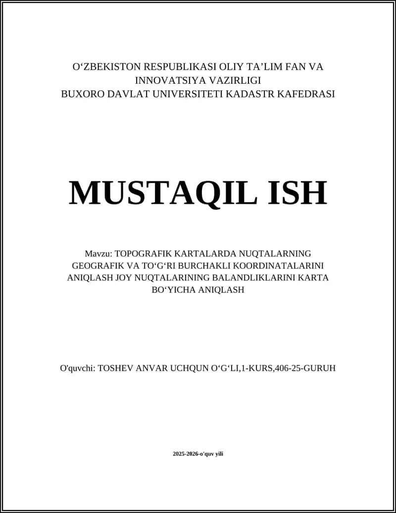 Topografik kartalarda nuqtalarning geografik va to'g'ri burchakli koordinatalarini aniqlash