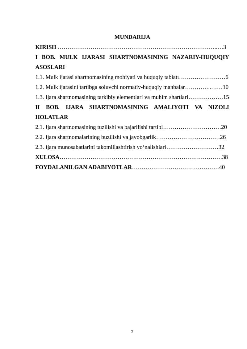MULK IJARASI SHARTNOMASINING FUQAROLIK-HUQUQIY XUSUSIYATLARI