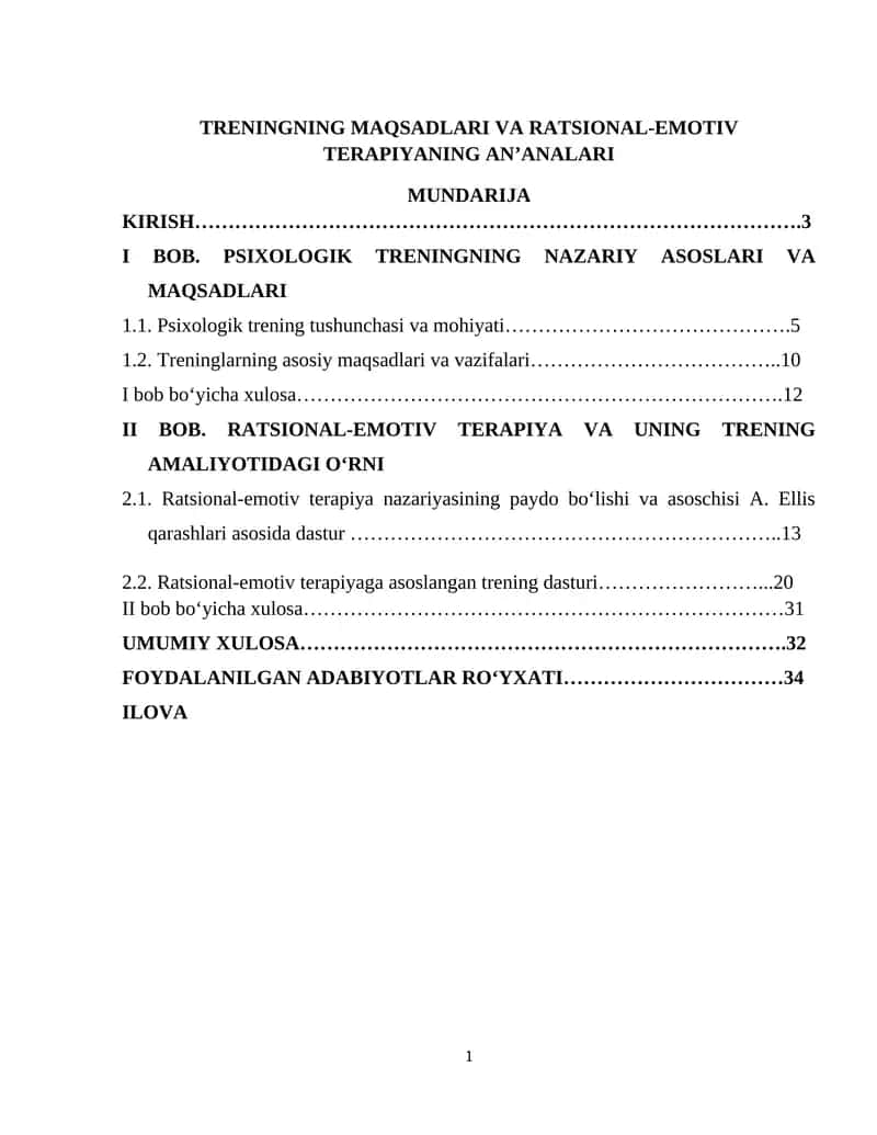 TRENINGNING MAQSADLARI VA RATSIONAL-EMOTIV TERAPIYANING AN’ANALARI
