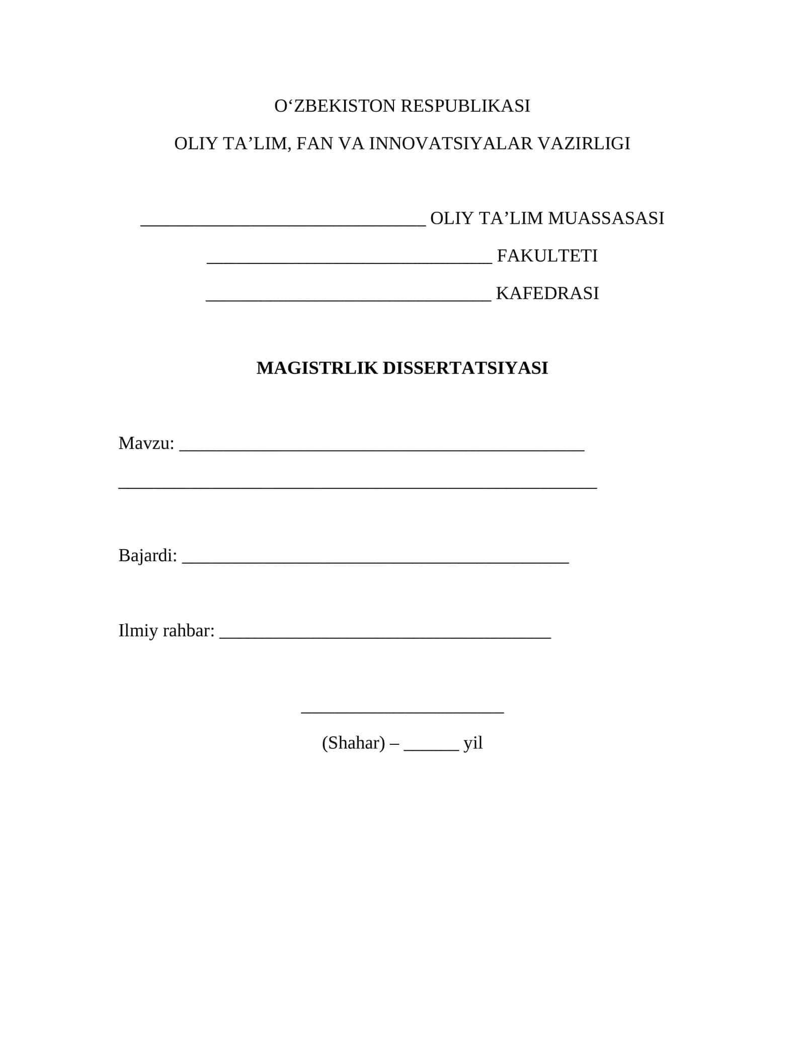 Magistrlik dissertatsiyasi titul varaqa (GOST) – Word (.docx) muqova