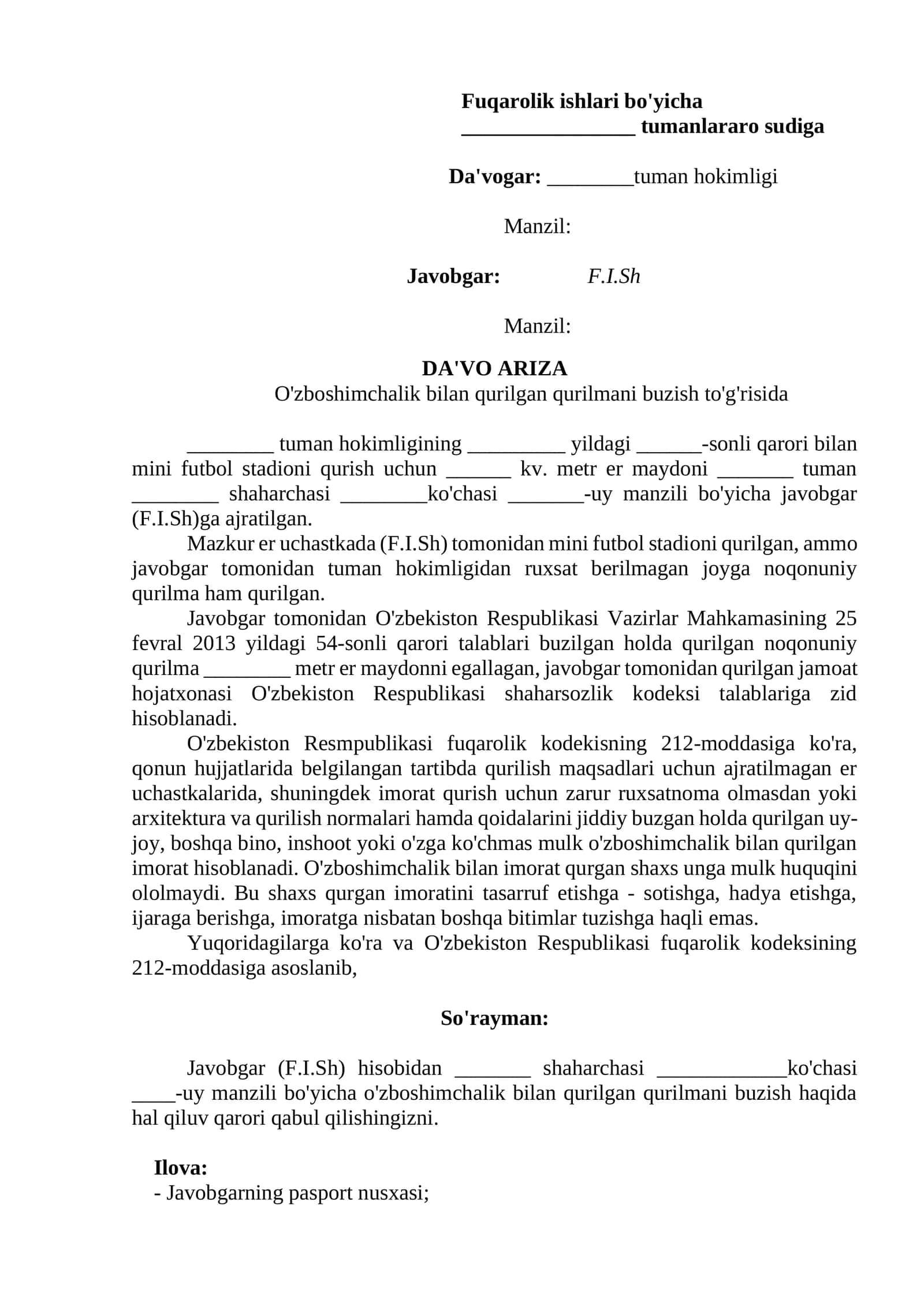 o'zboshimchalik bilan qurilgan qurilmani buzish haqida DA'VO ARIZA