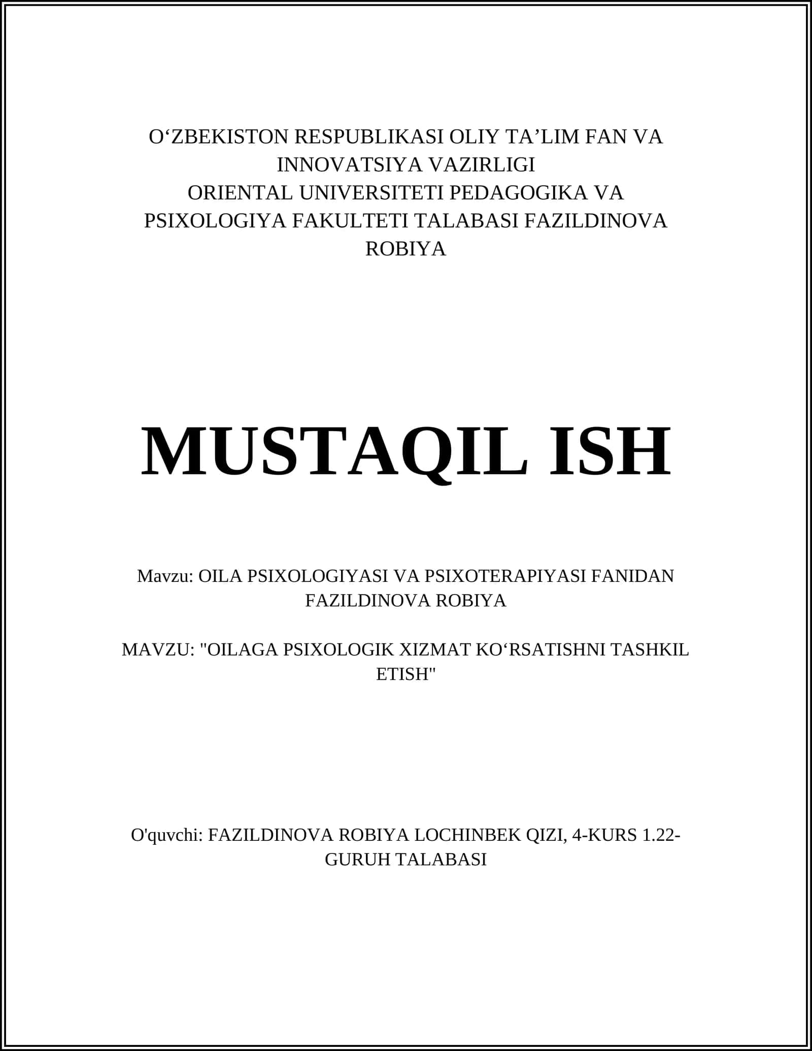 OILA PSIXOLOGIYASI VA PSIXOTERAPIYASI