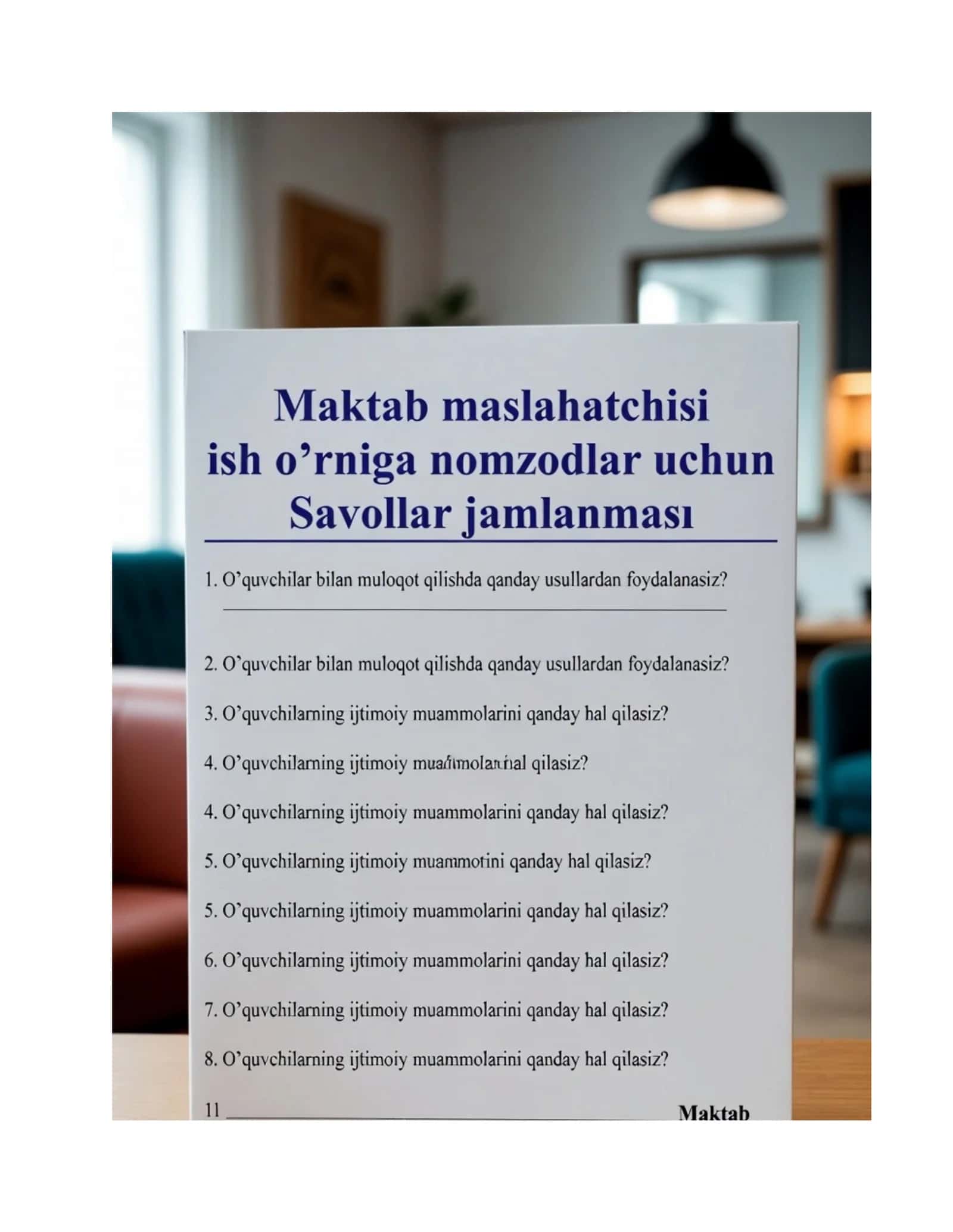 Maktab maslahatchisi lavozimi uchun imtihon savollari va javoblari