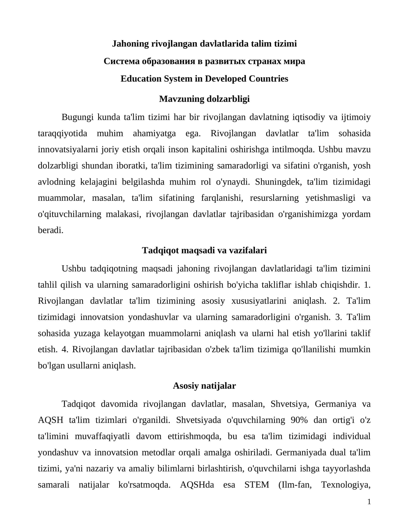 Jahoning rivojlangan davlatlarida talim tizimi