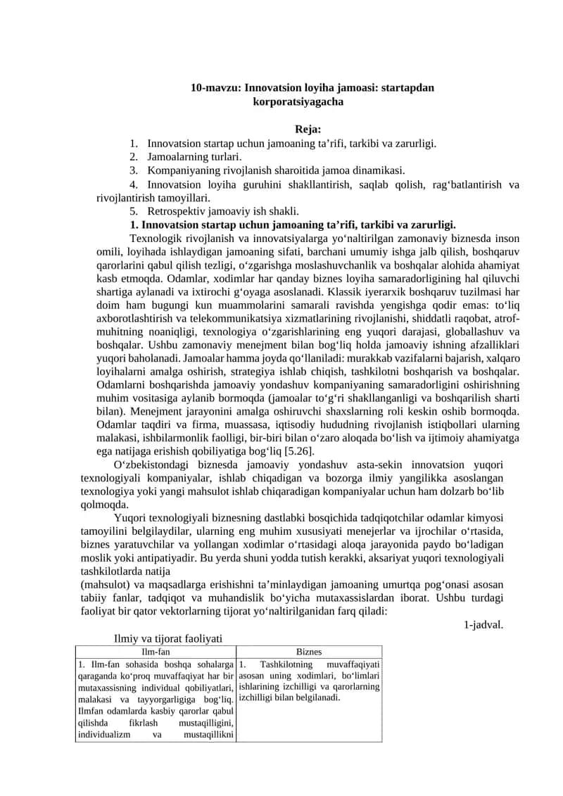 10-mavzu: Innovatsion loyiha jamoasi: startapdan korporatsiyagacha