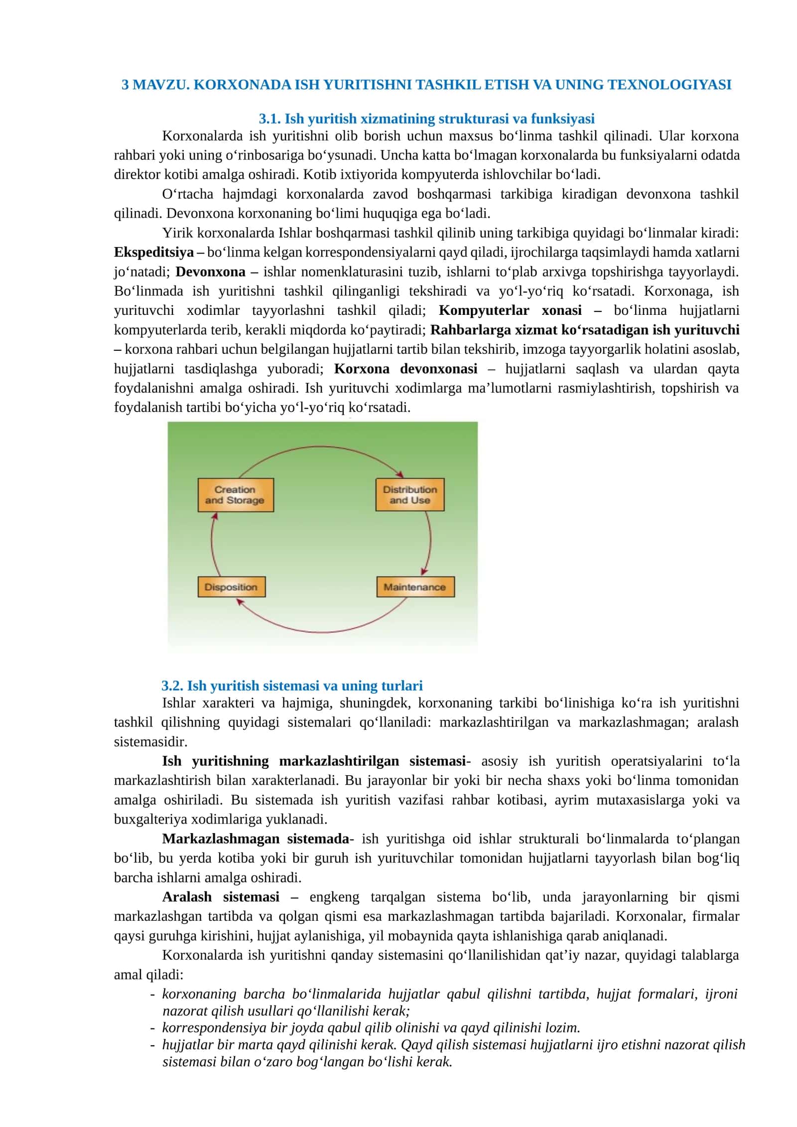 MAVZU. KORXONADA ISH YURITISHNI TASHKIL ETISH VA UNING TEXNOLOGIYASI