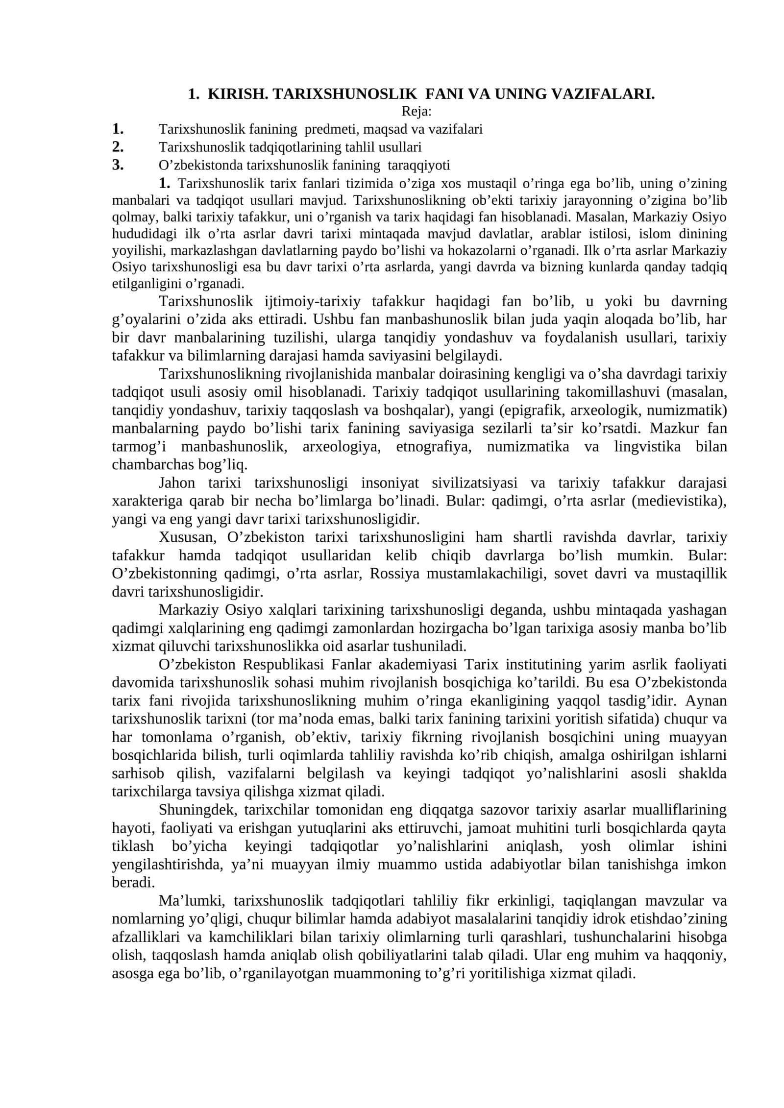 TARIXSHUNOSLIK FANI VA UNING VAZIFALARI