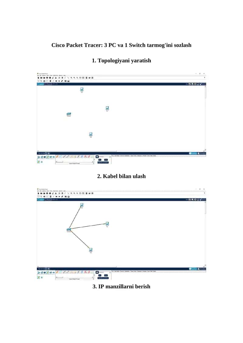 Cisco Packet Tracer: 3 PC va 1 Switch tarmog'ini sozlash