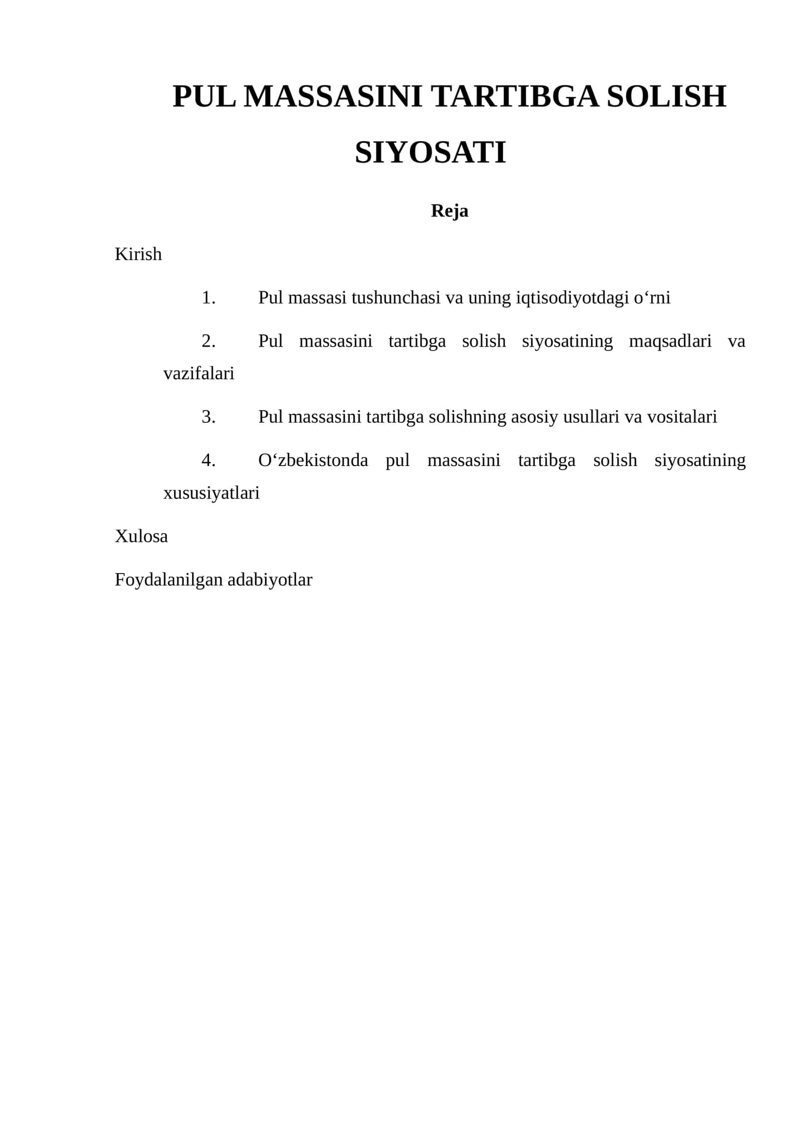 PUL MASSASINI TARTIBGA SOLISH SIYOSATI