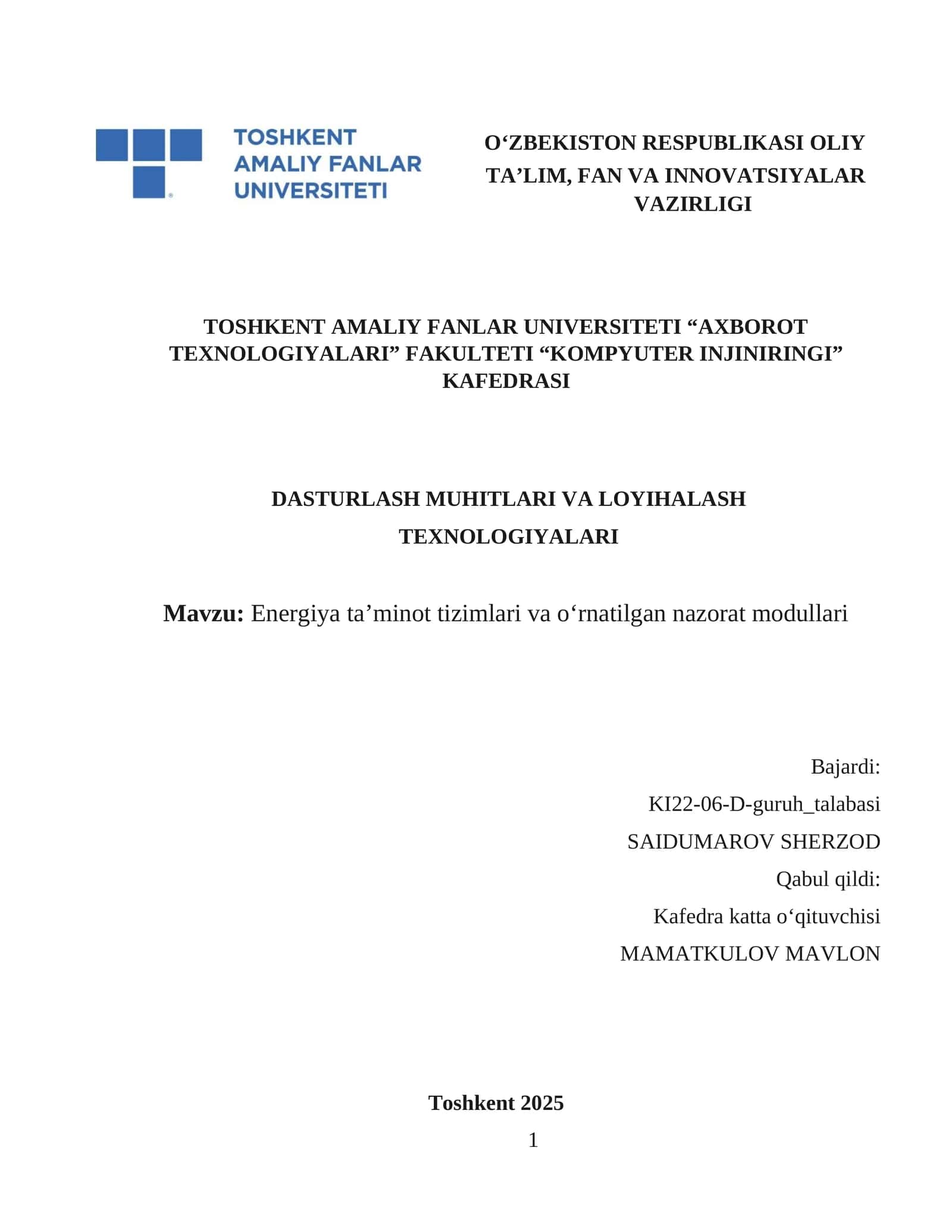 Energiya ta’minot tizimlari va o‘rnatilgan nazorat modullari