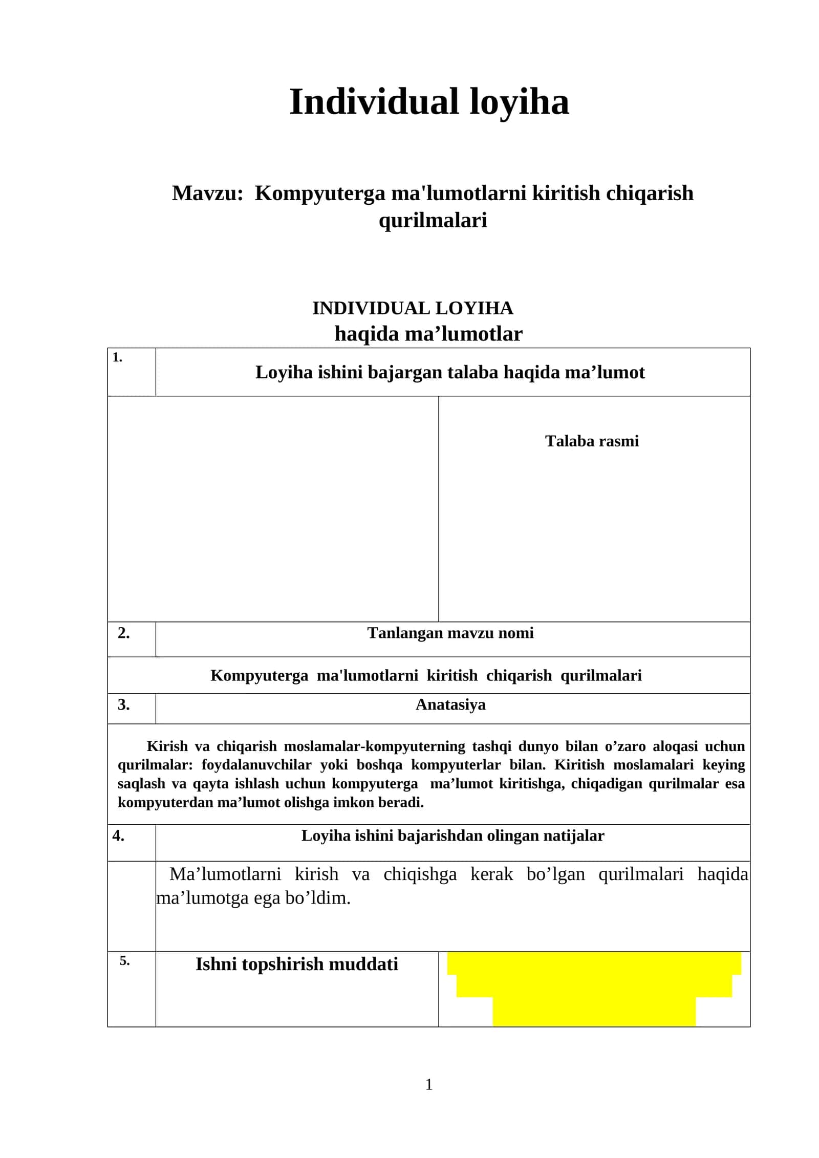 Kompyuterga ma'lumotlarni kiritish chiqarish qurilmalari