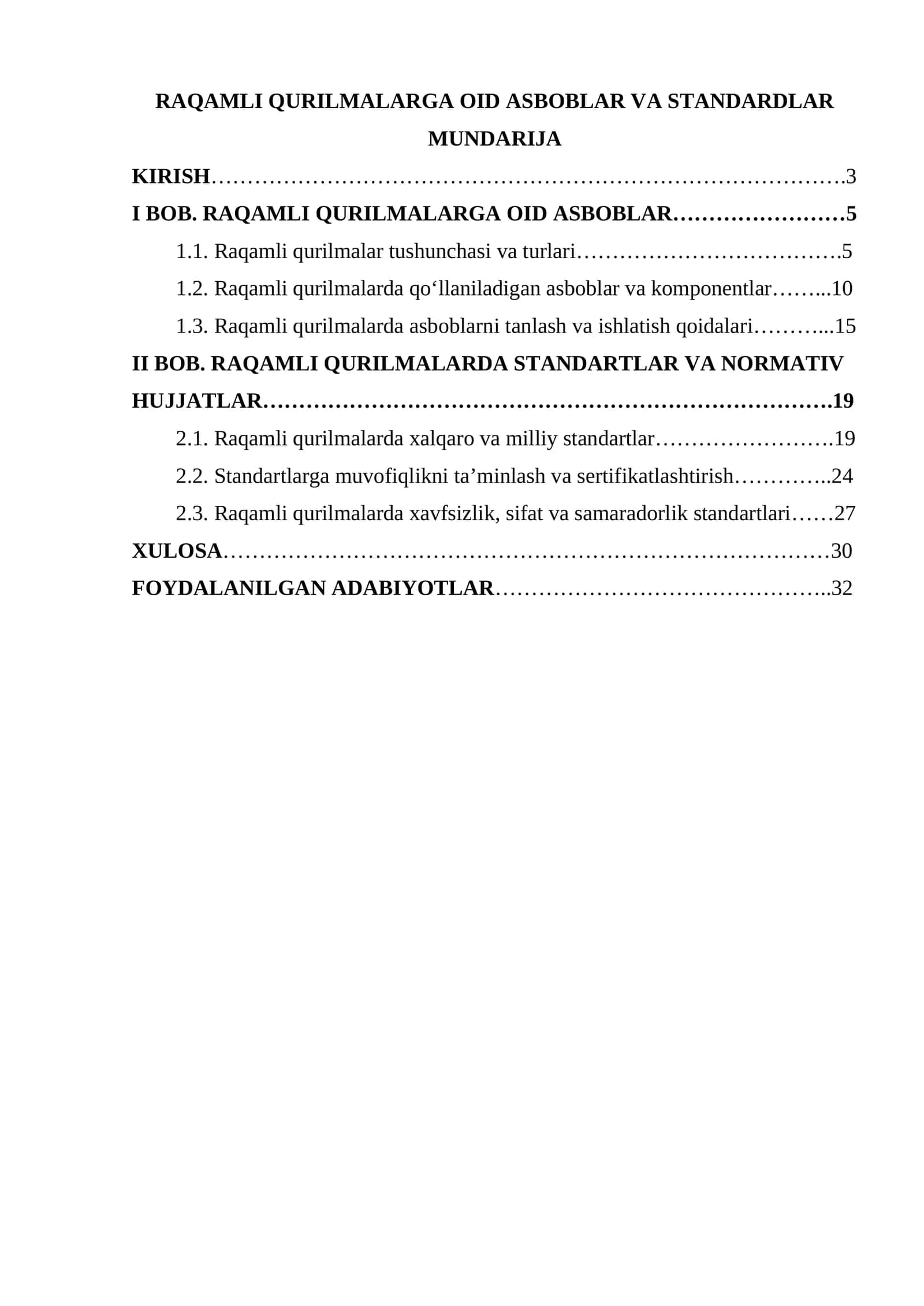 RAQAMLI QURILMALARGA OID ASBOBLAR VA STANDARDLAR