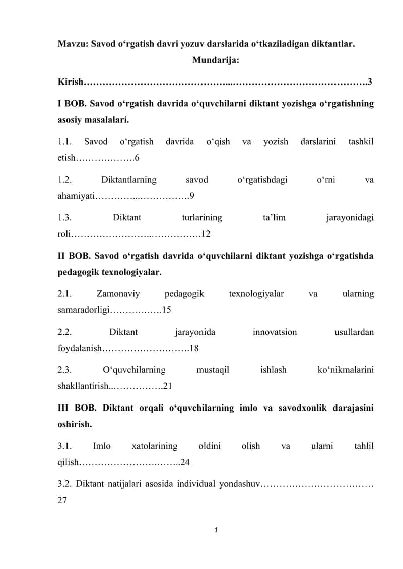 Savod o‘rgatish davri yozuv darslarida o‘tkaziladigan diktantlar