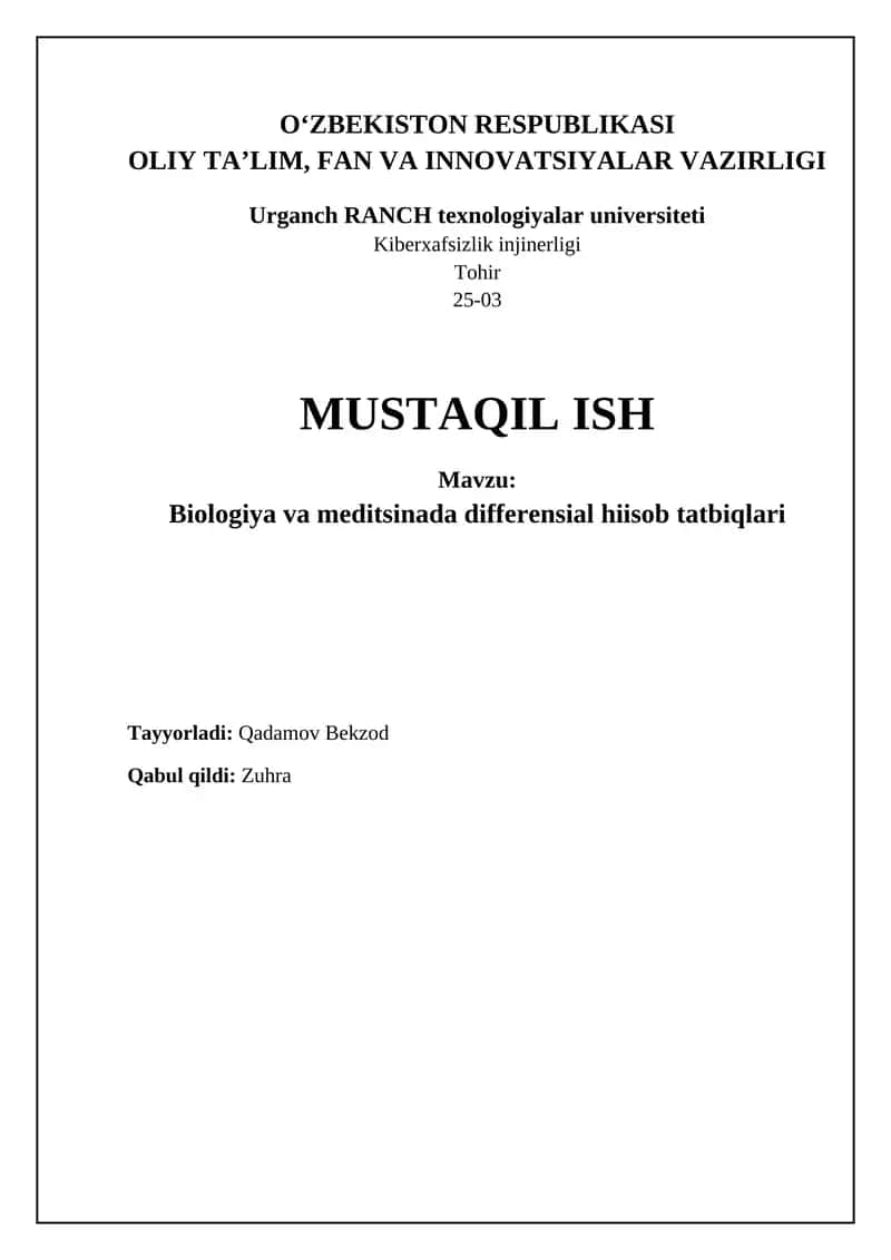 Biologiya va meditsinada differensial hiisob tatbiqlari