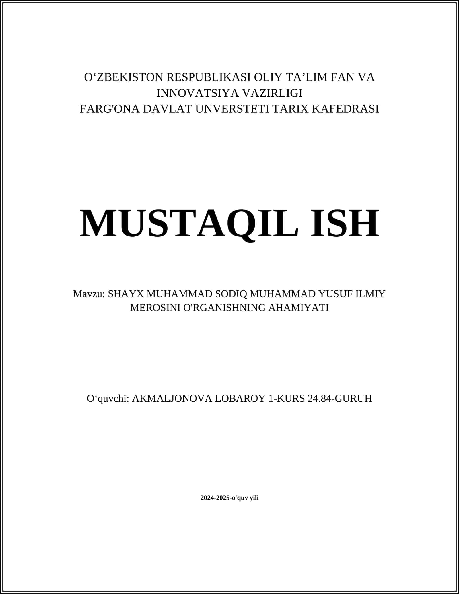 SHAYX MUHAMMAD SODIQ MUHAMMAD YUSUF ILMIY MEROSINI O'RGANISH