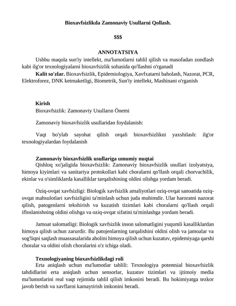 Bioxavfsizlikda Zamonaviy Usullarni Qollash