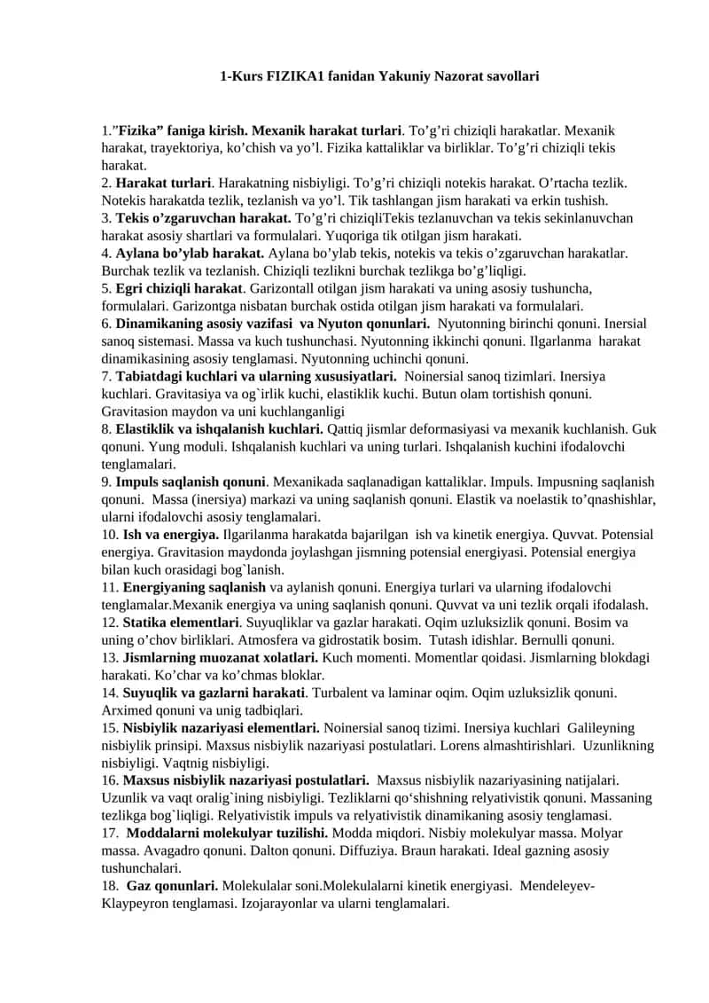 FIZIKA1 fanidan Yakuniy Nazorat savollari
