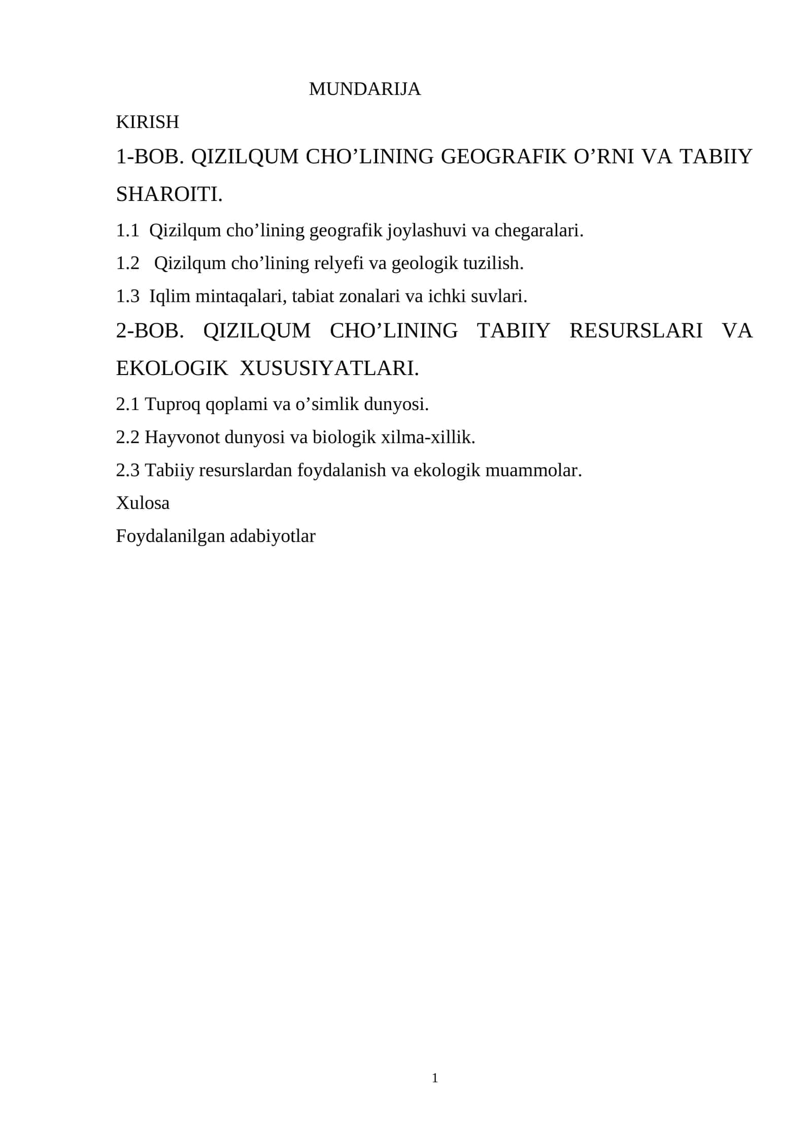 Qizilqum cho’lining tabiiy resurslari va ekologik xususiyatlari