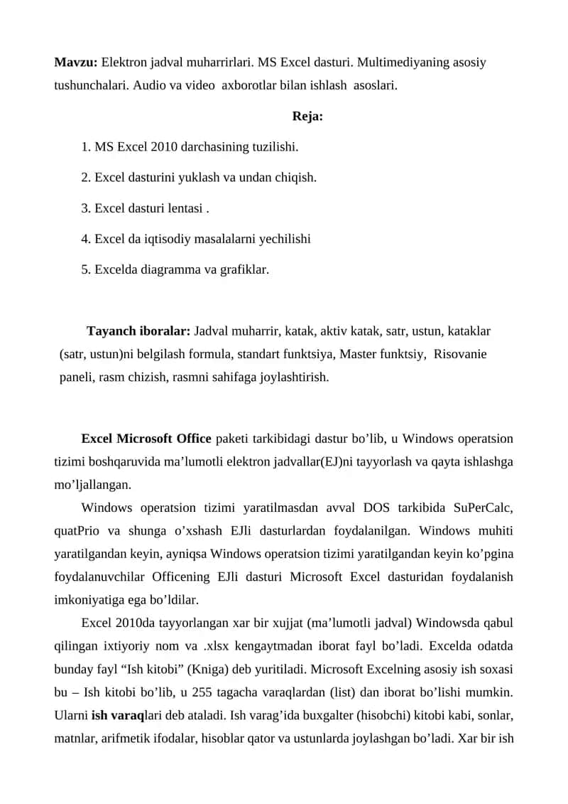 Elektron jadval muharrirlari. MS Excel dasturi