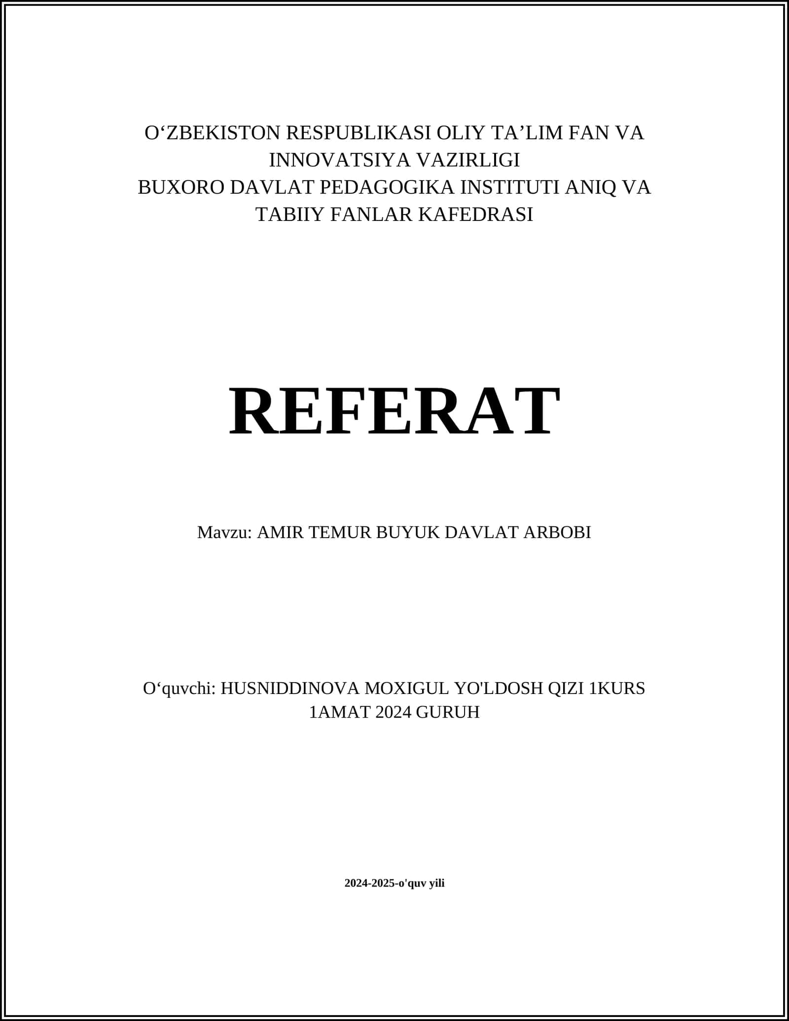 AMIR TEMUR BUYUK DAVLAT ARBOBI