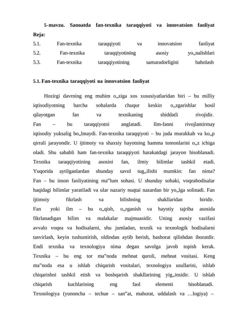 Sanoatda fan-texnika taraqqiyoti va innovatsion faoliyat
