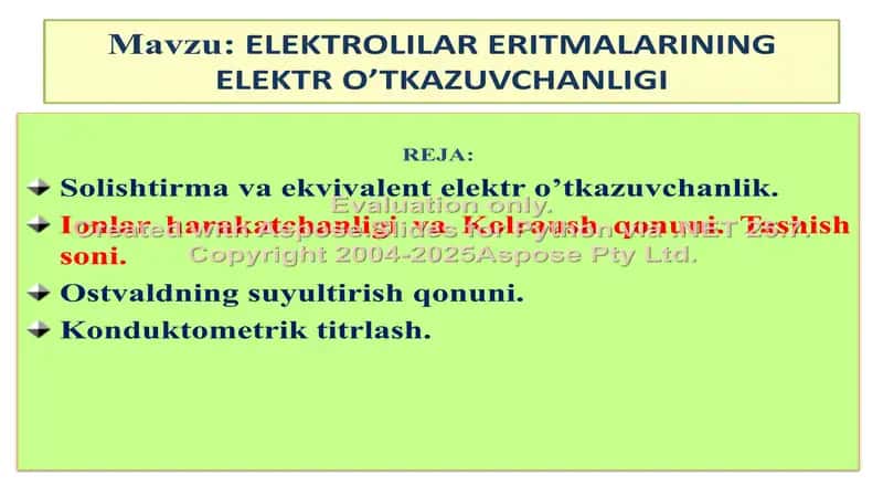 Elektrolitlar eritmalarining elektr o‘tkazuvchanligi