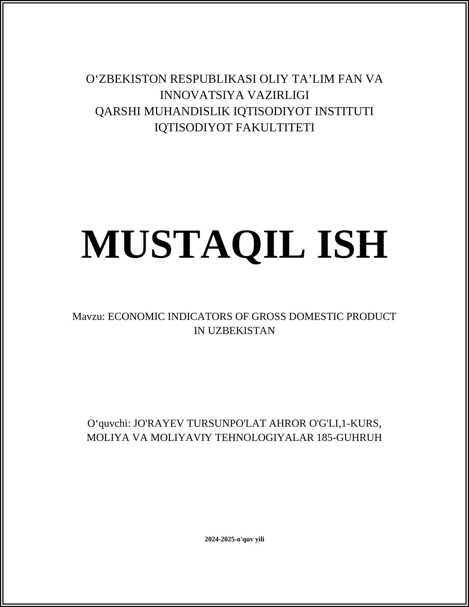 ECONOMIC INDICATORS OF GROSS DOMESTIC PRODUCT IN UZBEKISTAN