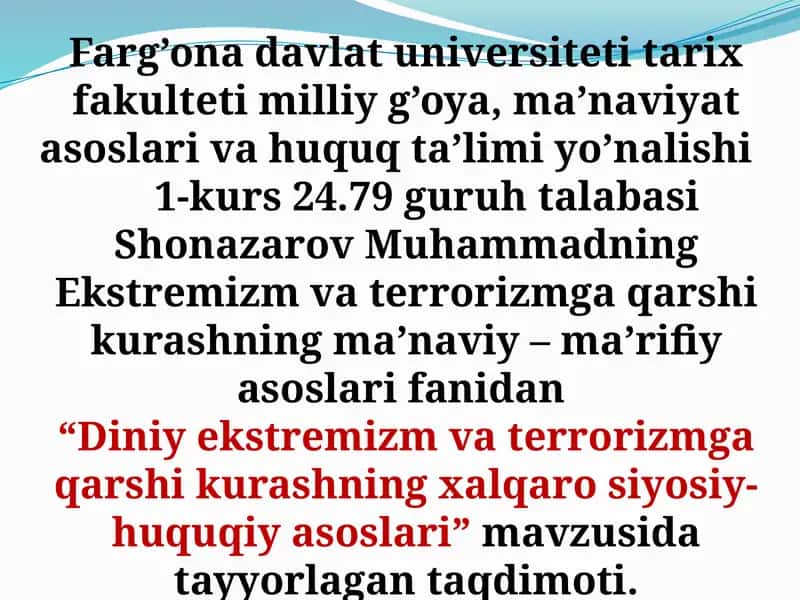Diniy ekstremizm va terrorizmga qarshi kurashning ma’naviy – ma’rifiya