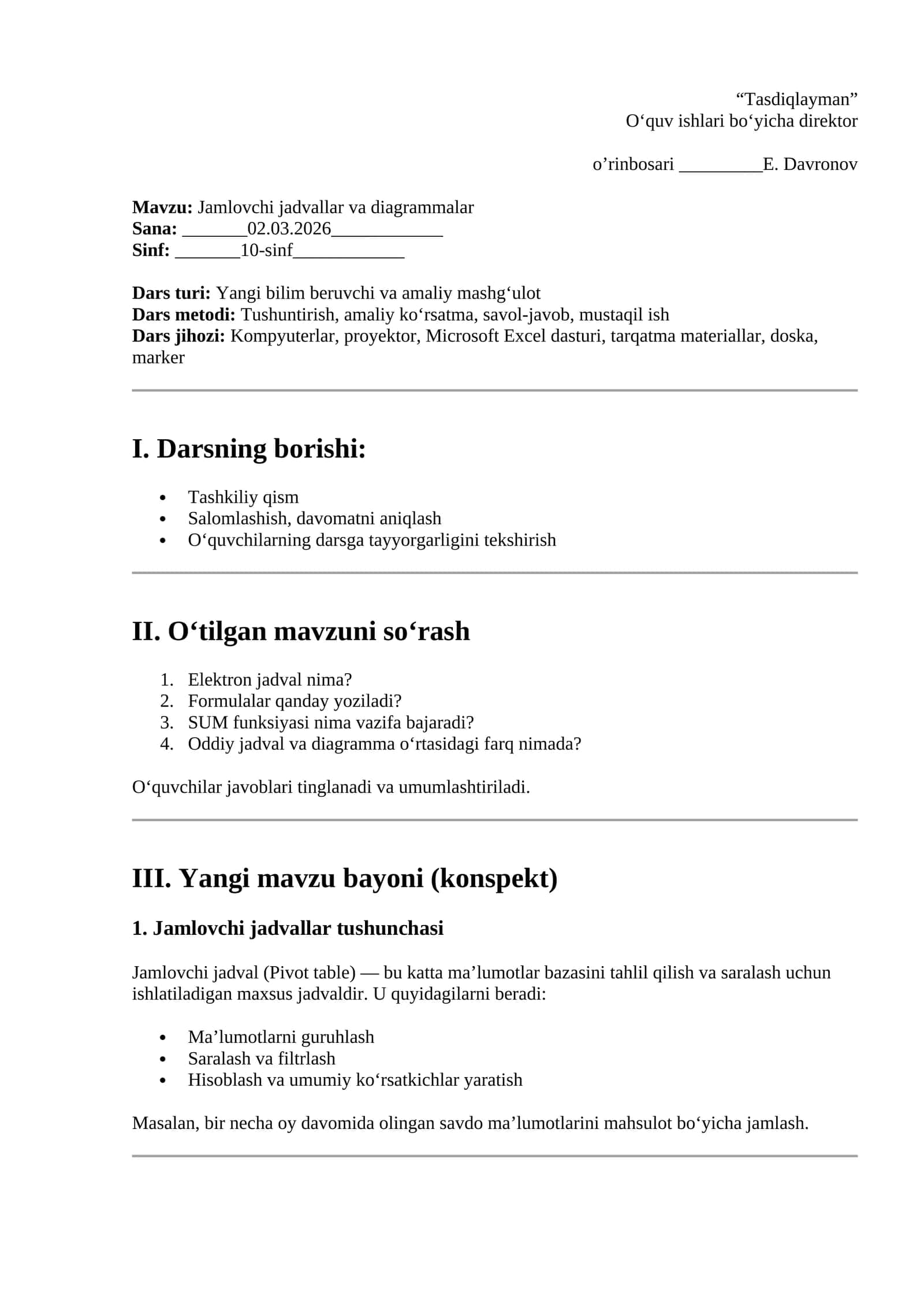 Jamlovchi jadvallar va diagrammalar