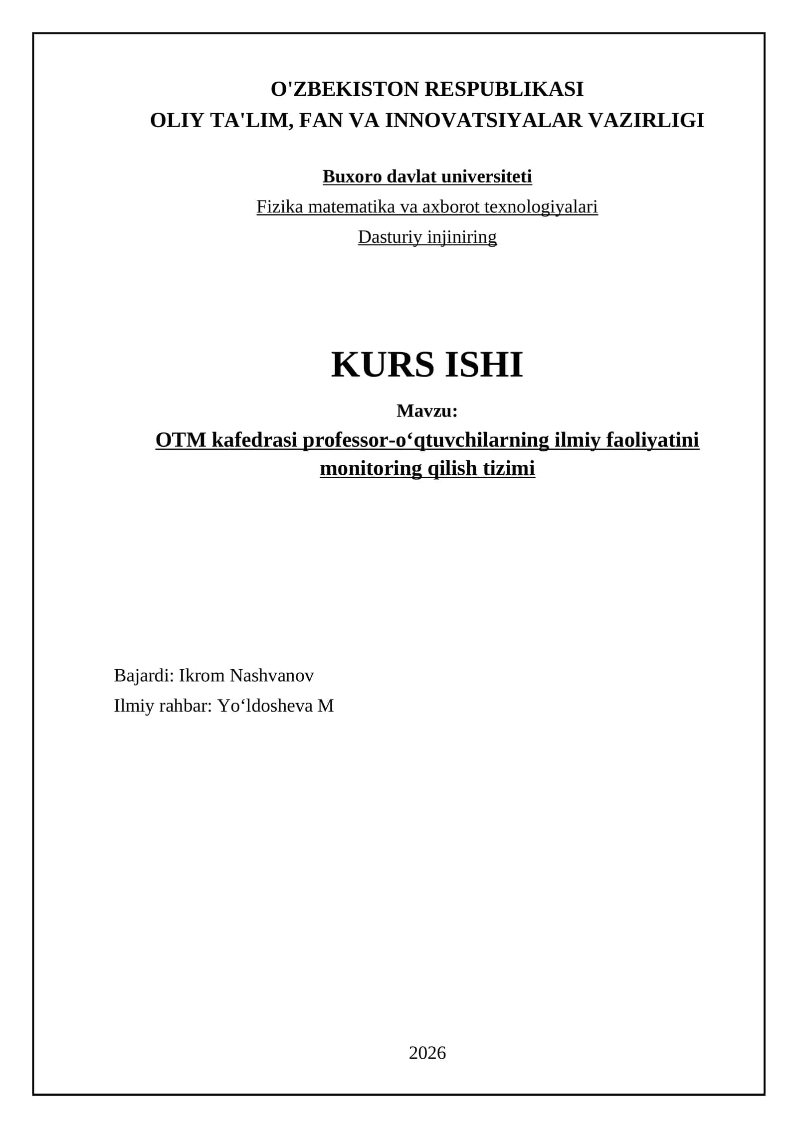 OTM kafedrasi professor-oʻqtuvchilarning ilmiy faoliyatini monitoring qilish tizimi