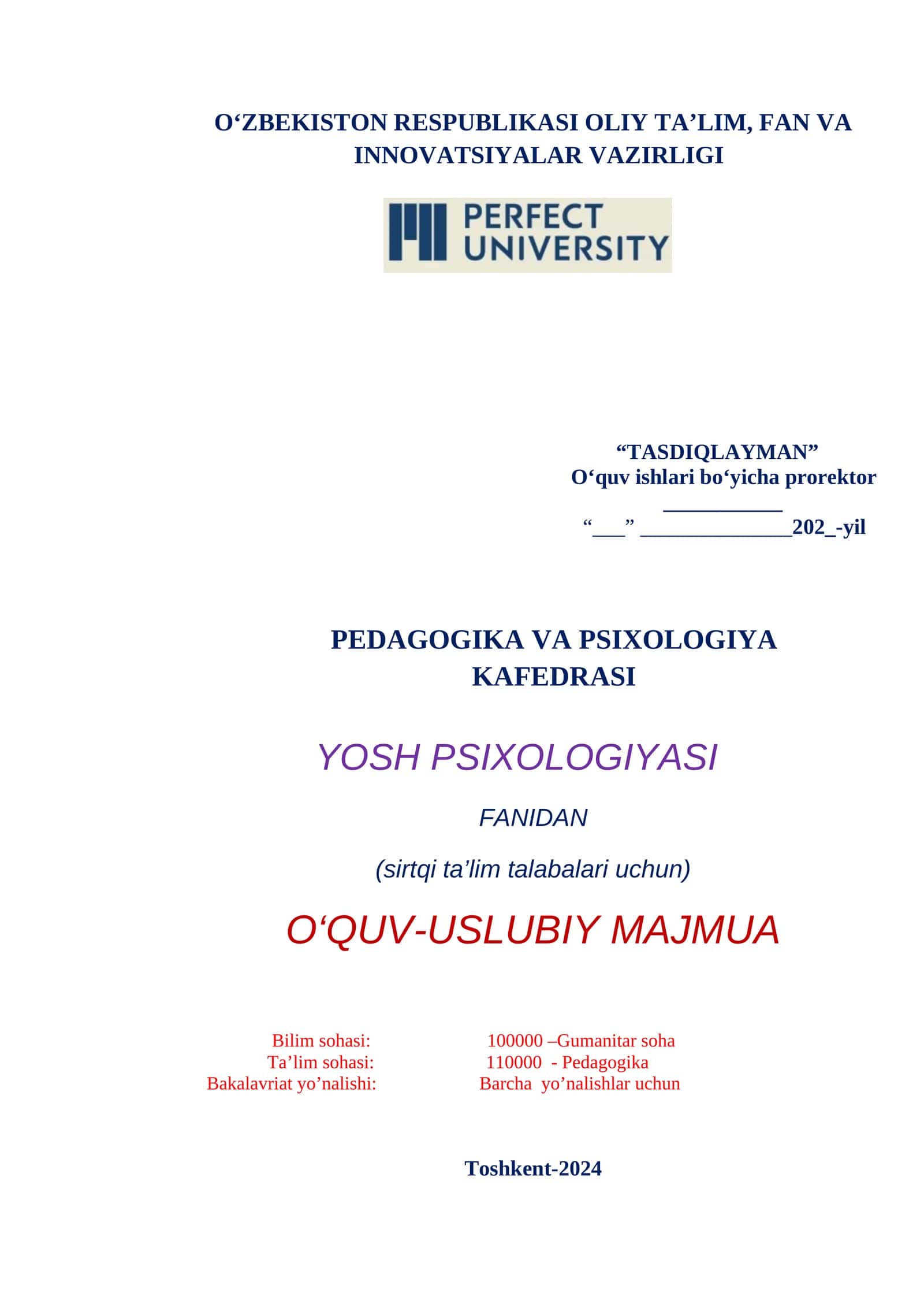 YOSH PSIXOLOGIYASI FANIDAN O‘QUV-USLUBIY MAJMUA
