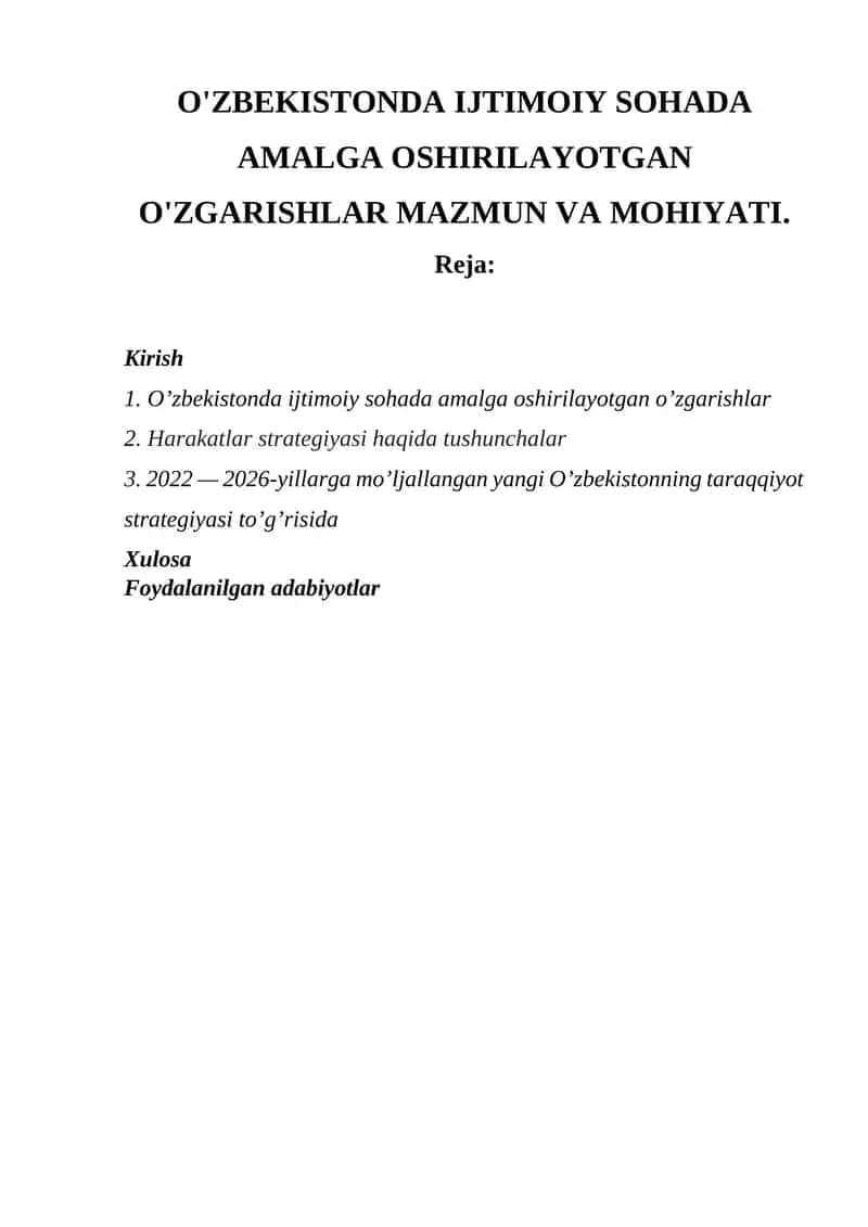 O’zbekistonda Ijtimoiy Sohada Amalga Oshirilayotgan O’zgarishlar