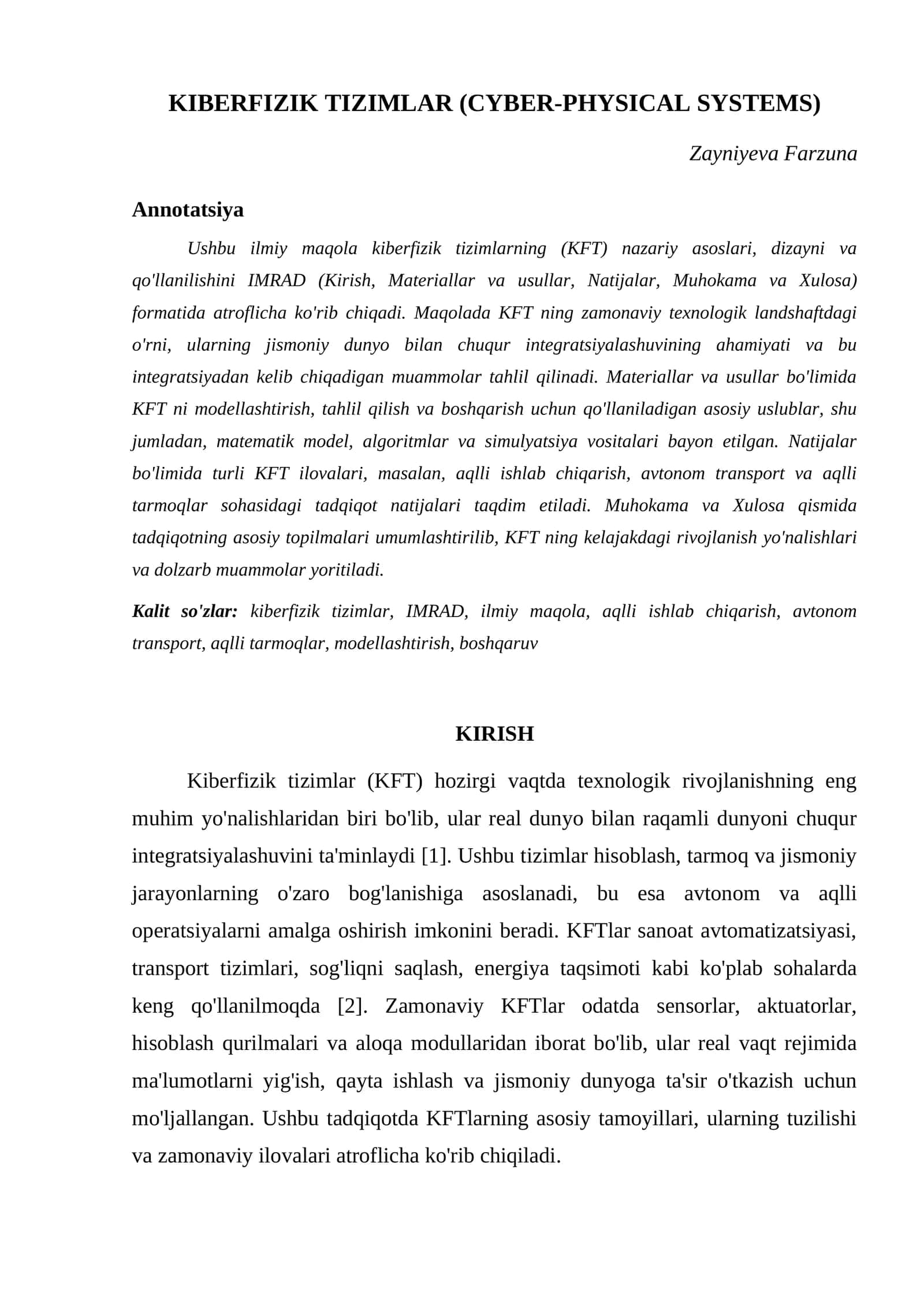 KIBERFIZIK TIZIMLAR (CYBER-PHYSICAL SYSTEMS)