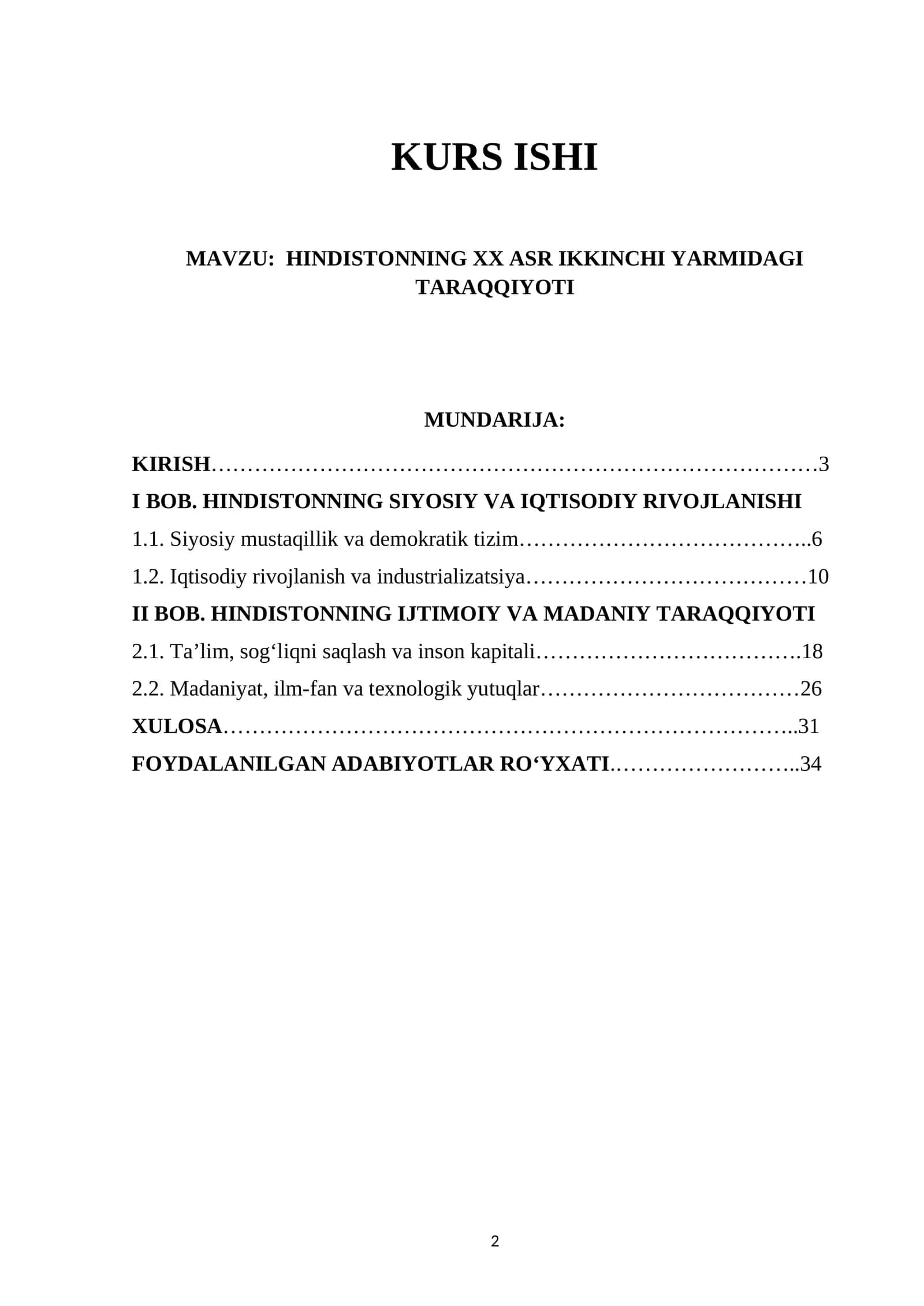 HINDISTONNING XX ASR IKKINCHI YARMIDAGI TARAQQIYOTI