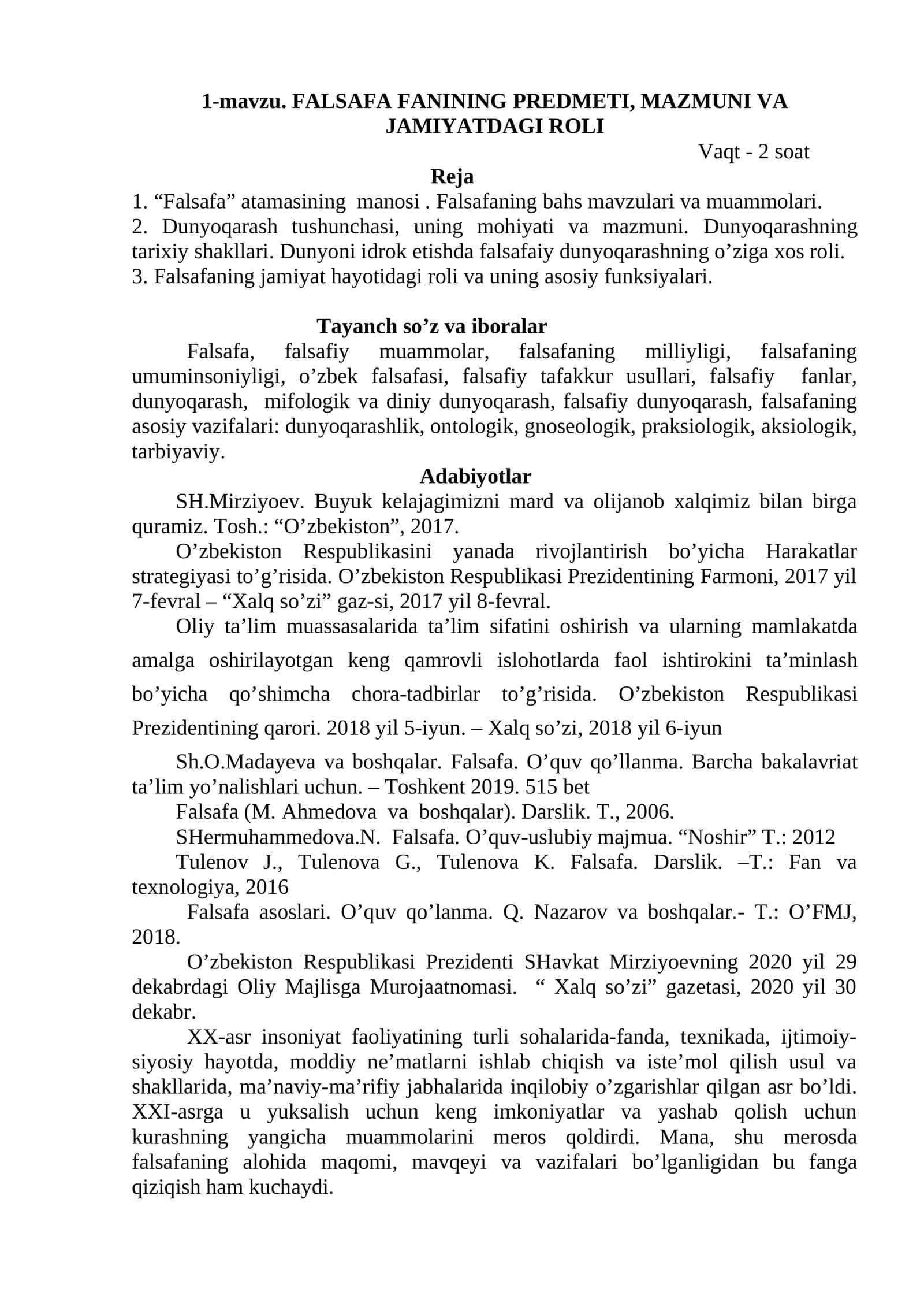 FALSAFA FANINING PREDMETI, MAZMUNI VA JAMIYATDAGI ROLI